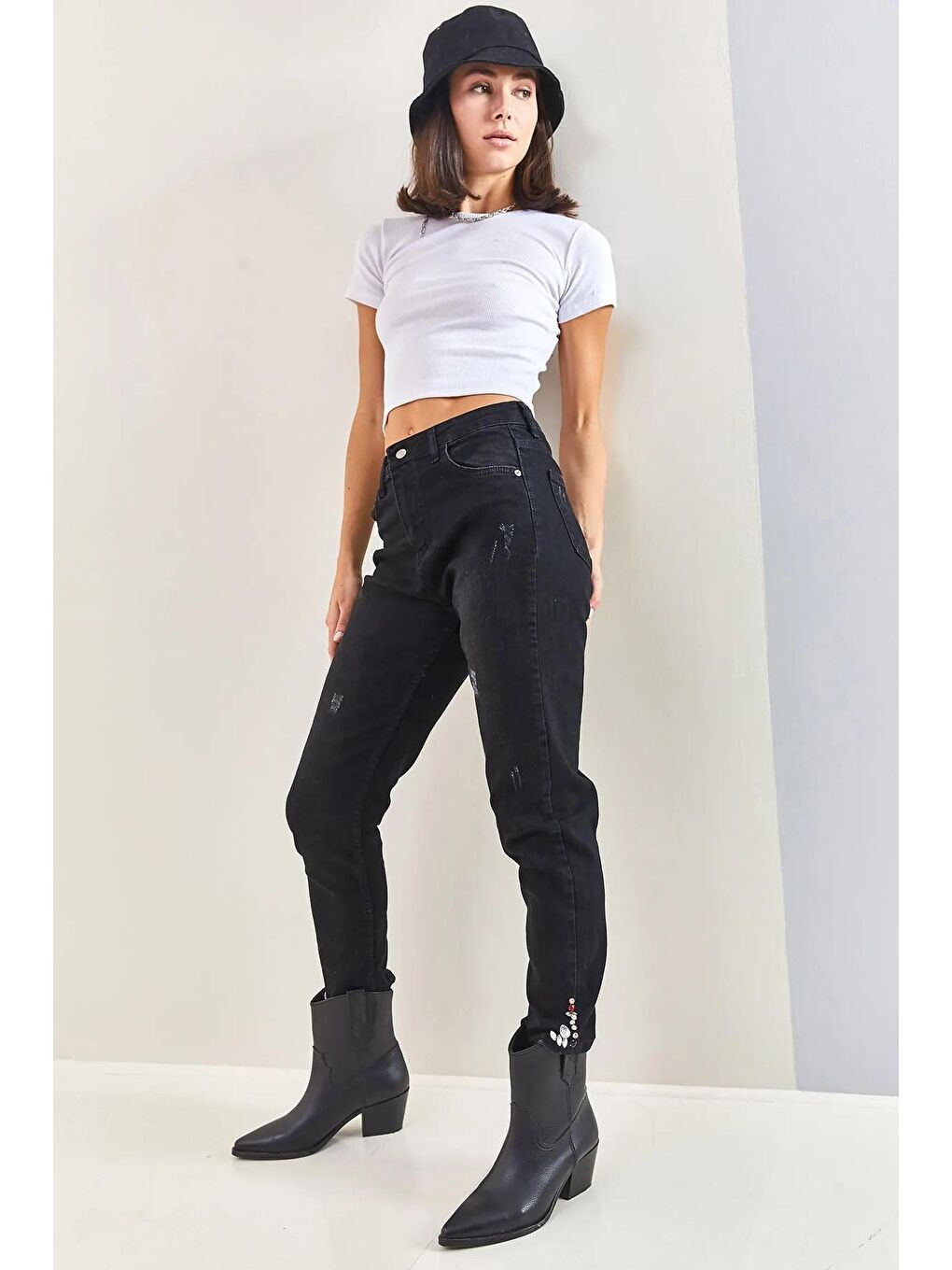 Lacivert Kadın Yüksek Bel Paça Taşlı Mom Jeans-2