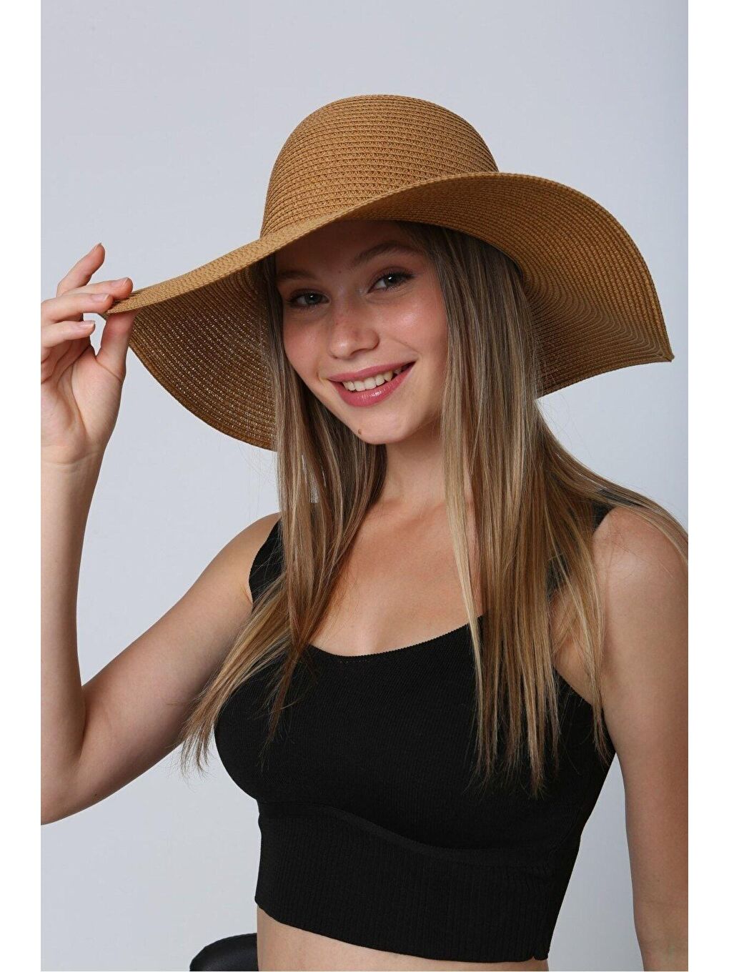 Kahverengi Camel Geniş Hasır Şapka Hsr2005