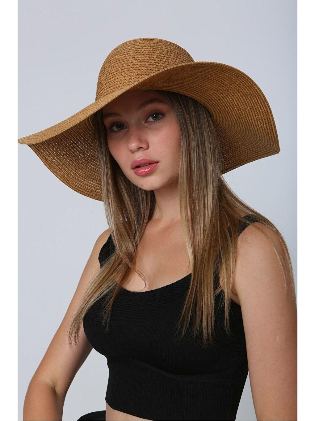 Kahverengi Camel Geniş Hasır Şapka Hsr2005-5