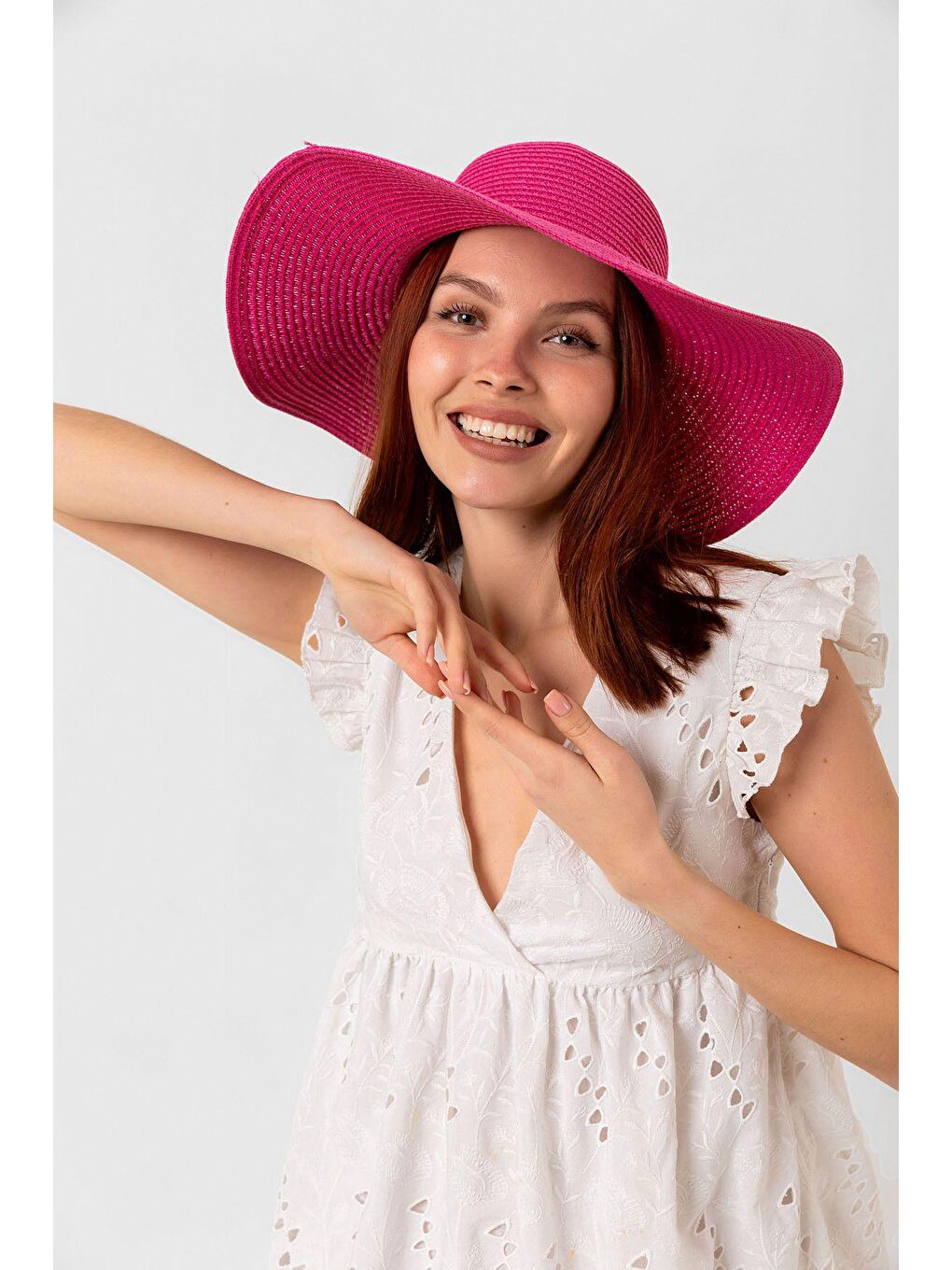 Fuşya Geniş Hasır Şapka HSR2005-1