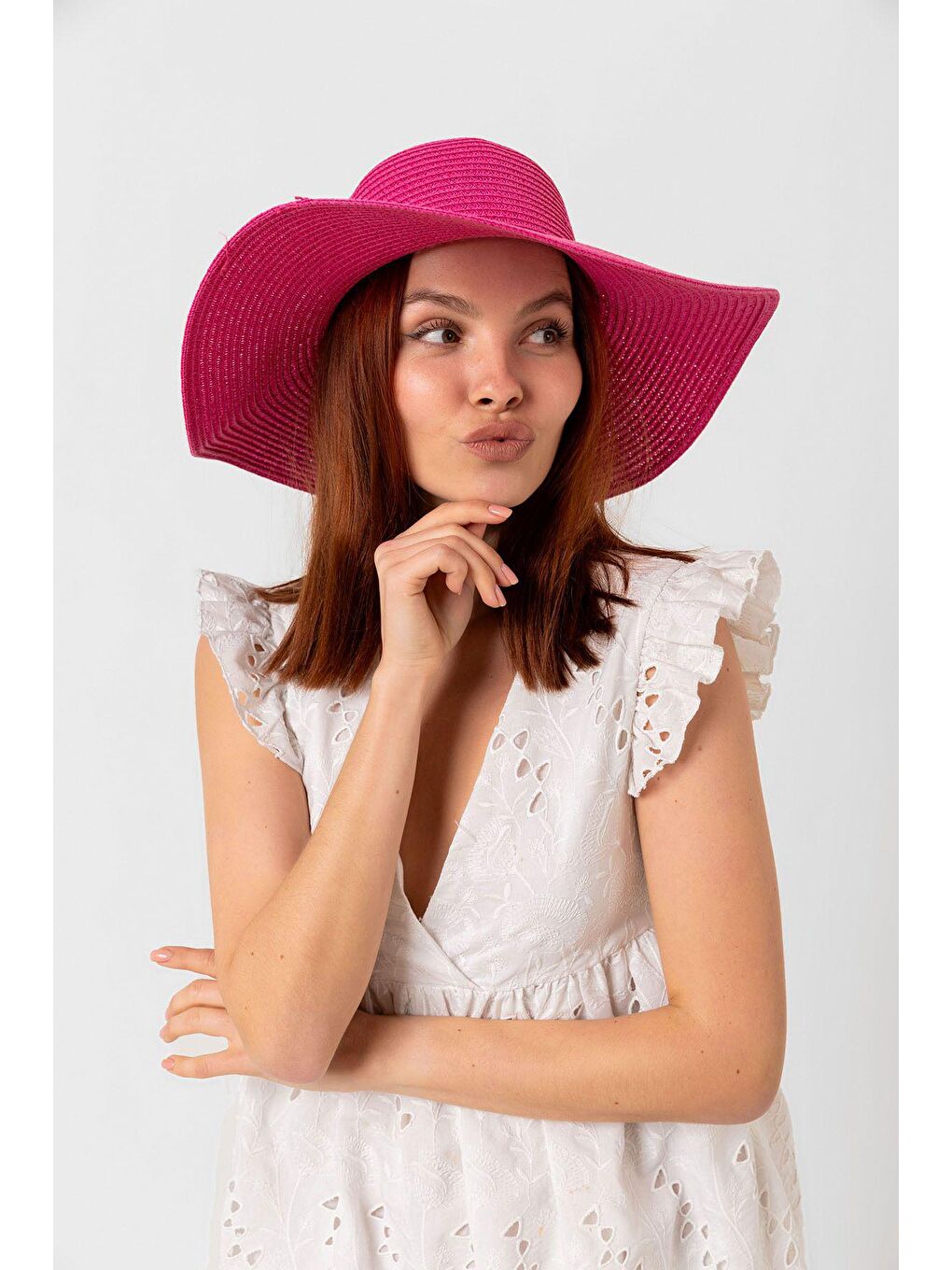 Fuşya Geniş Hasır Şapka HSR2005-2