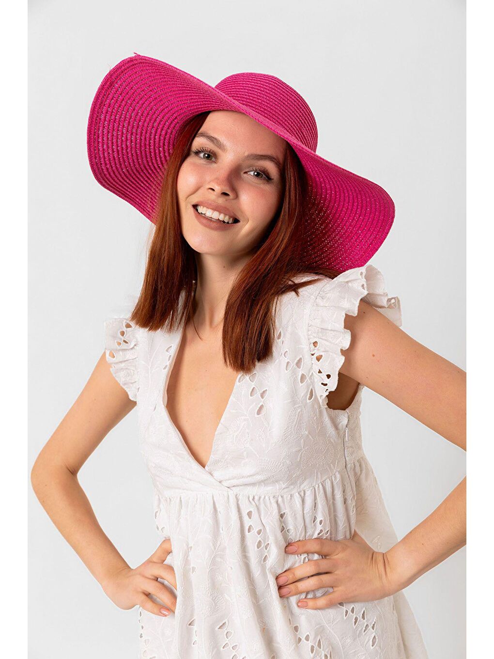 Fuşya Geniş Hasır Şapka HSR2005-3