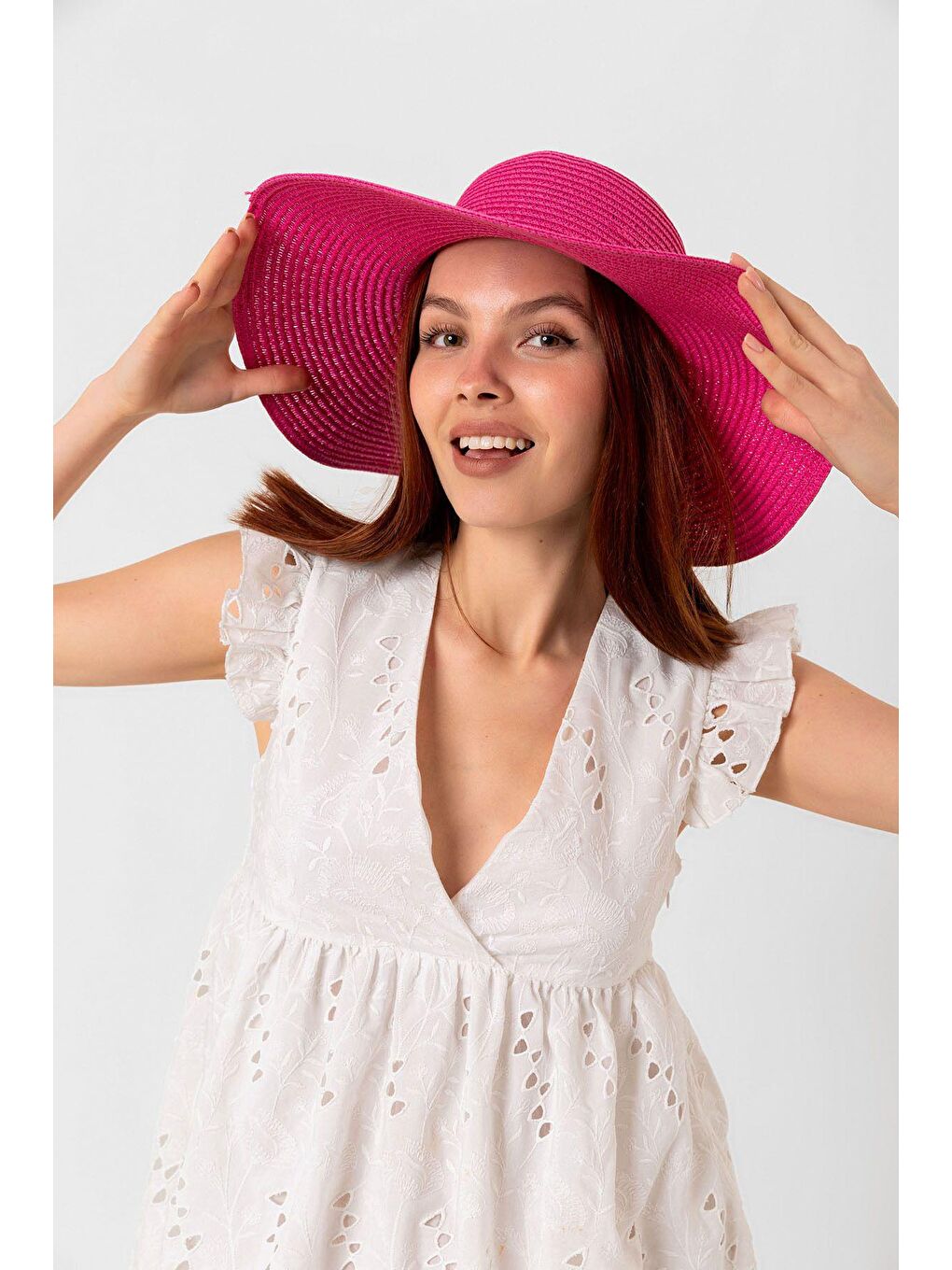 Fuşya Geniş Hasır Şapka HSR2005-4