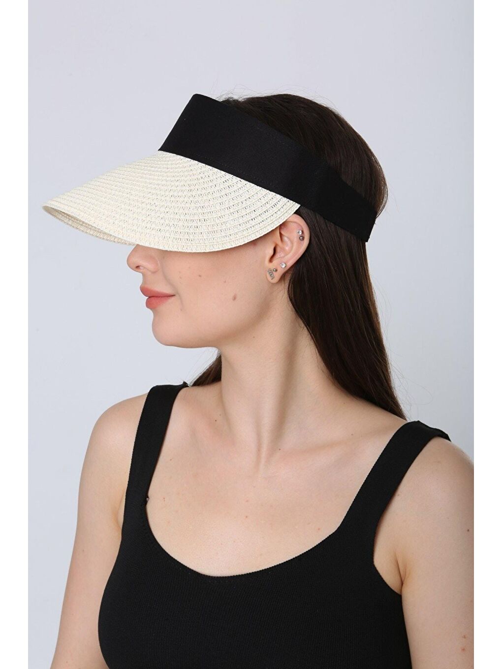 Ekru Krem Ithal Katlanabilir Cırtlı Hasır Vizör - Tenisçi - Golf Şapka Hsr2060-3