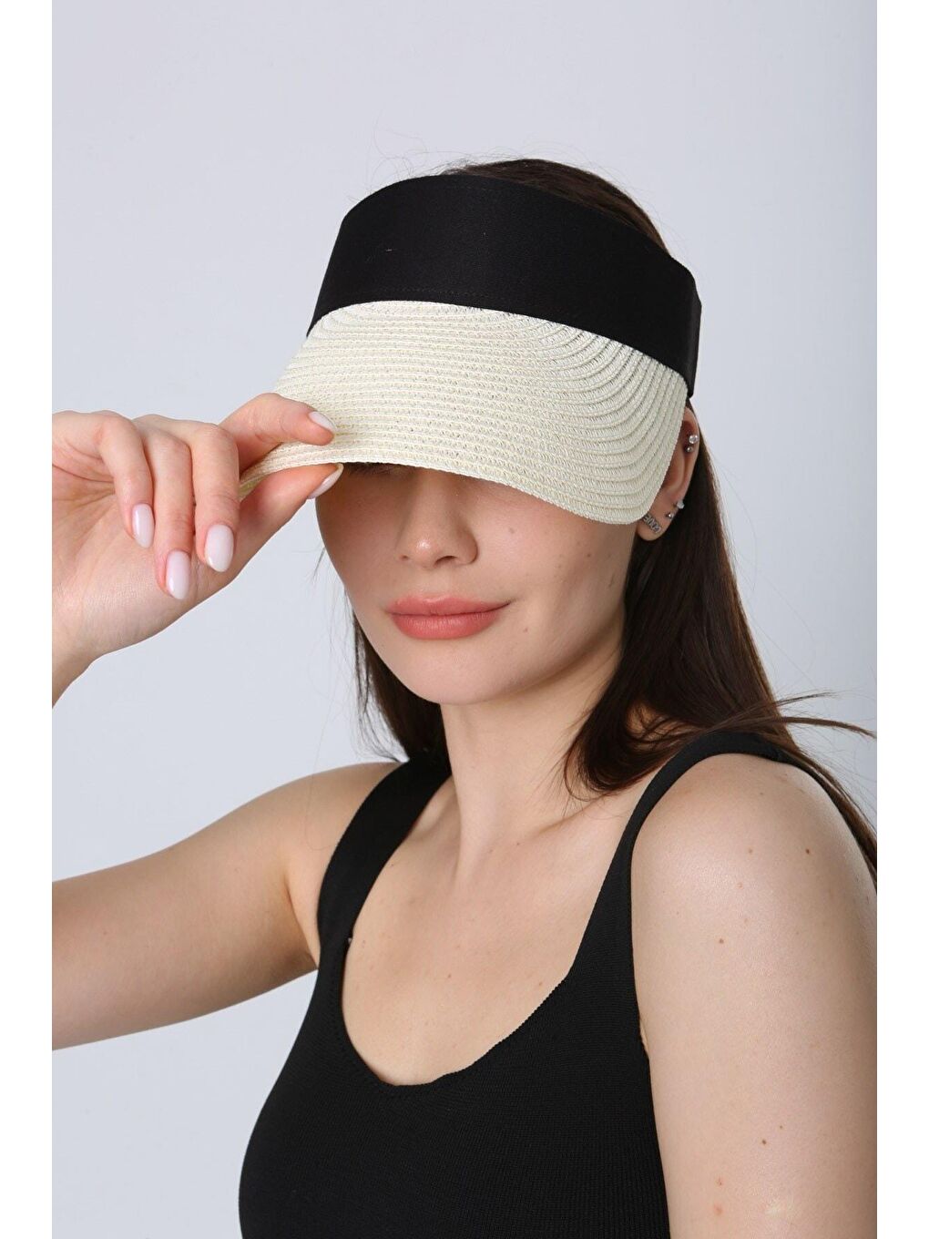 Ekru Krem Ithal Katlanabilir Cırtlı Hasır Vizör - Tenisçi - Golf Şapka Hsr2060-4