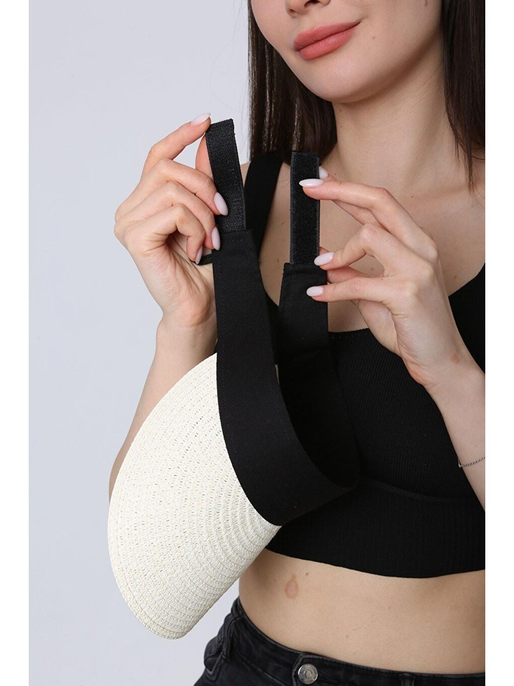 Ekru Krem Ithal Katlanabilir Cırtlı Hasır Vizör - Tenisçi - Golf Şapka Hsr2060-5