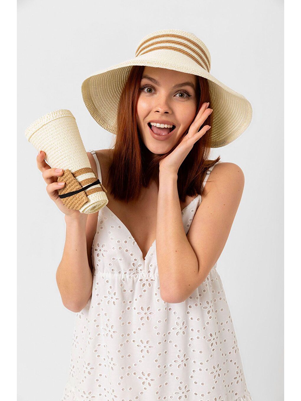 Bej Tepesi Açık Şerit Detaylı Hasır Vizör Şapka Hsr2079-1