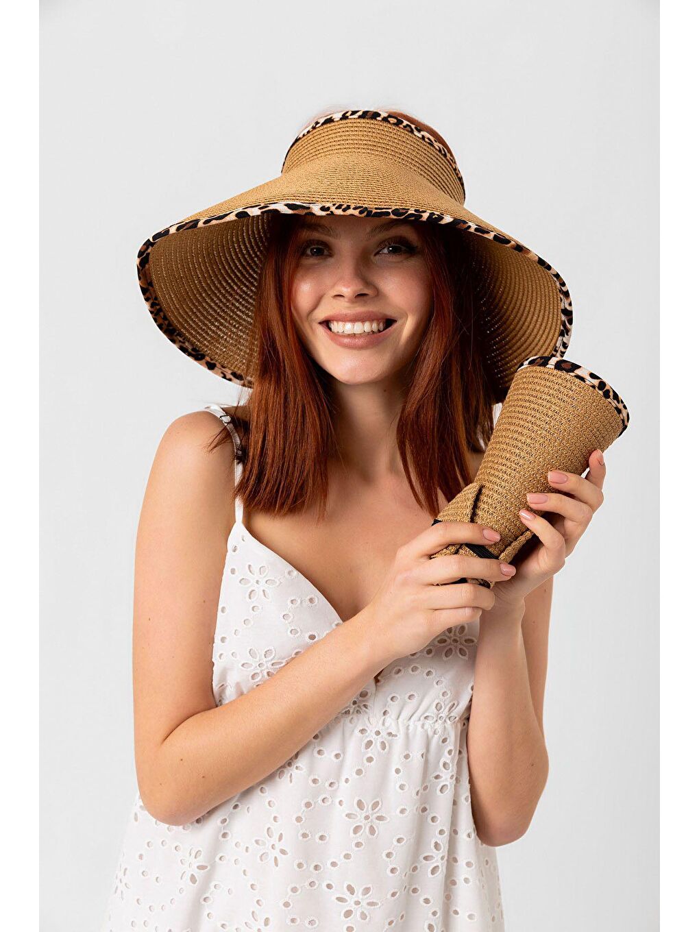 Kahverengi Camel Leopar Şerit Detaylı Hasır Vizör Şapka Hsr2076-1