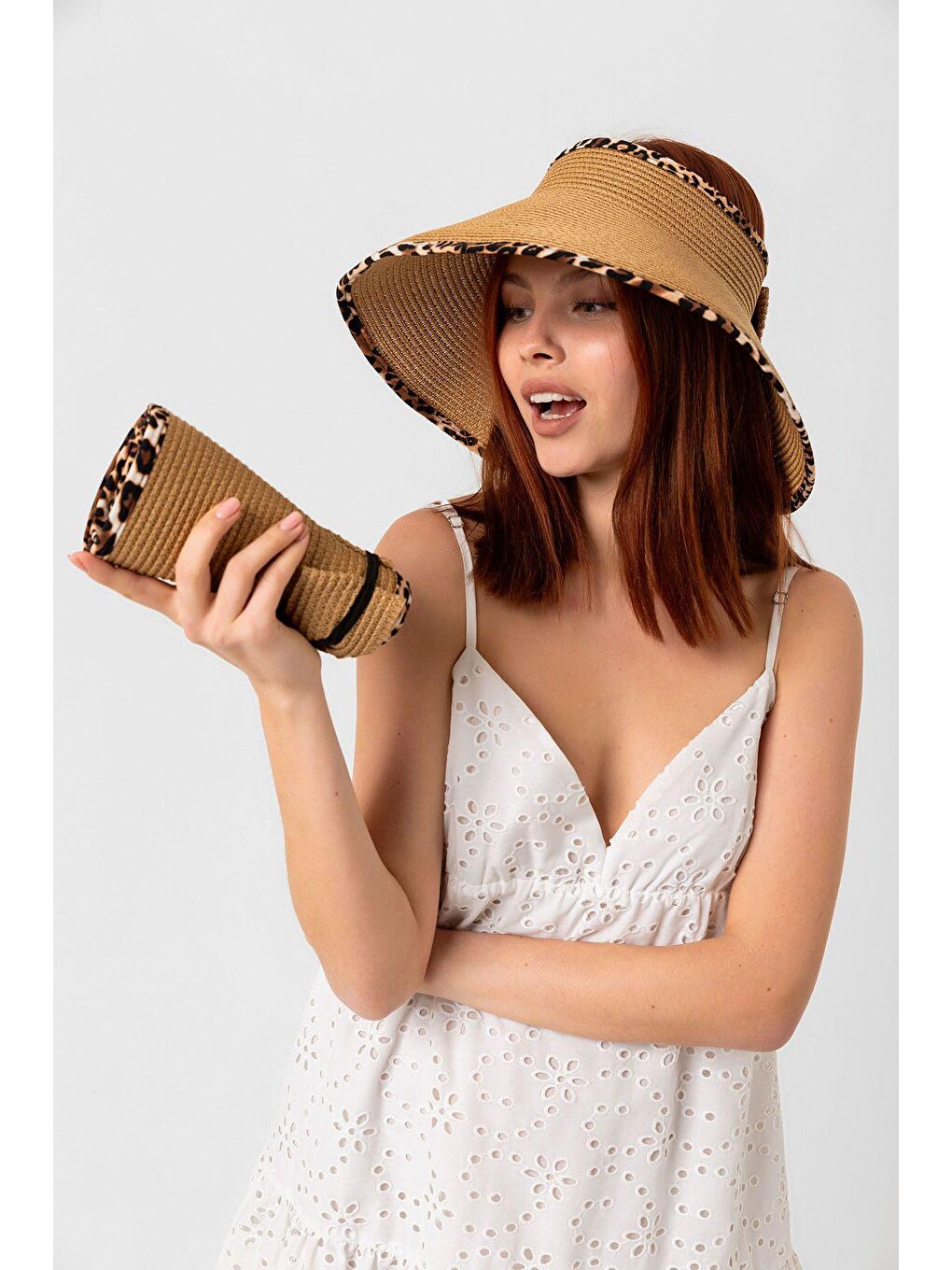 Kahverengi Camel Leopar Şerit Detaylı Hasır Vizör Şapka Hsr2076-2