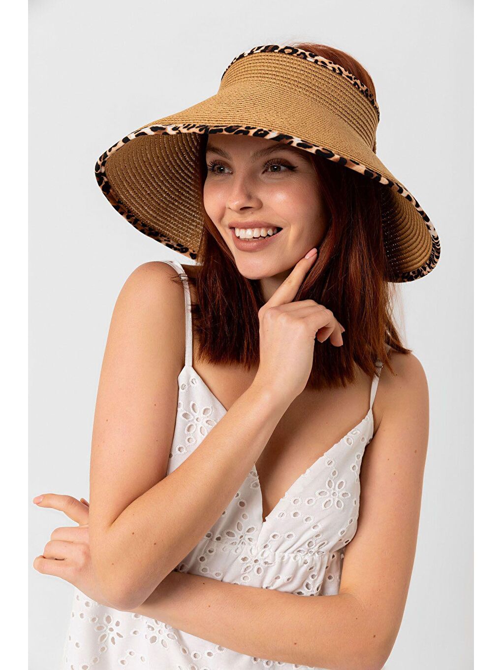 Kahverengi Camel Leopar Şerit Detaylı Hasır Vizör Şapka Hsr2076-4