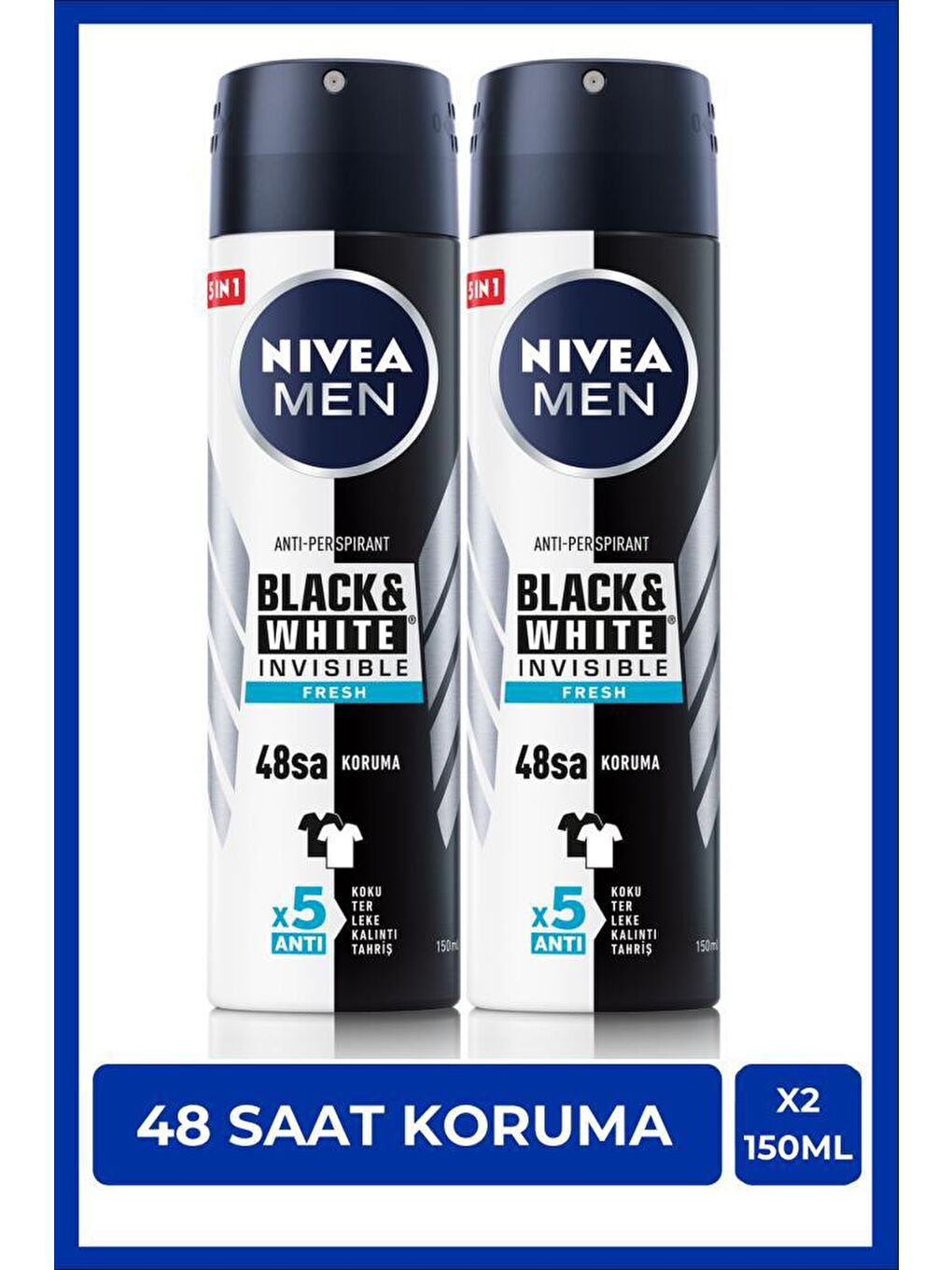 NIVEA Şeffaf Black & White Invisible Fresh Erkek Sprey Deodorant 150 ml x2Adet, 48 Saat Koruma