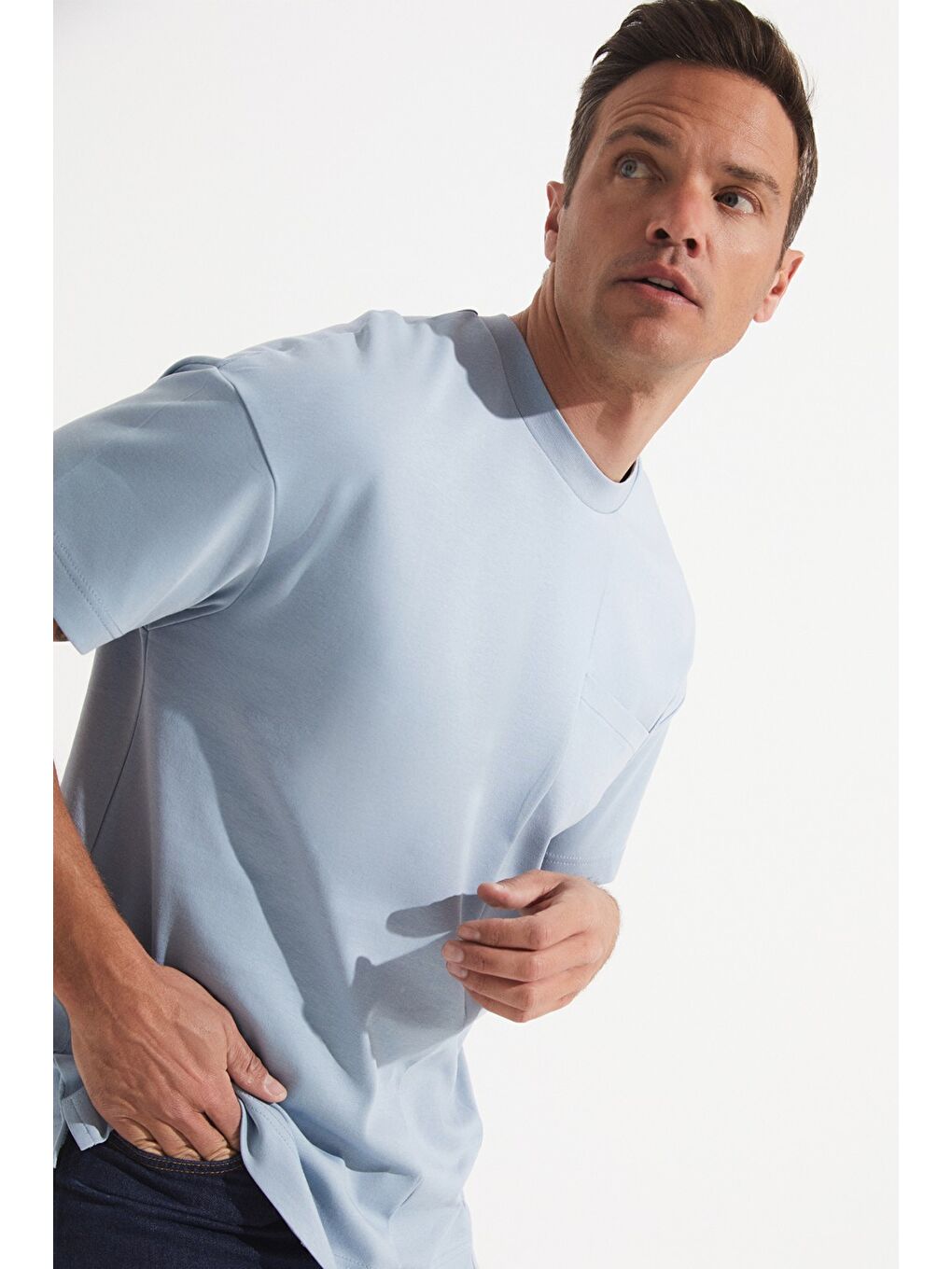 Mavi Oversize Cepli Bisiklet Yakalı Erkek Tişört-1