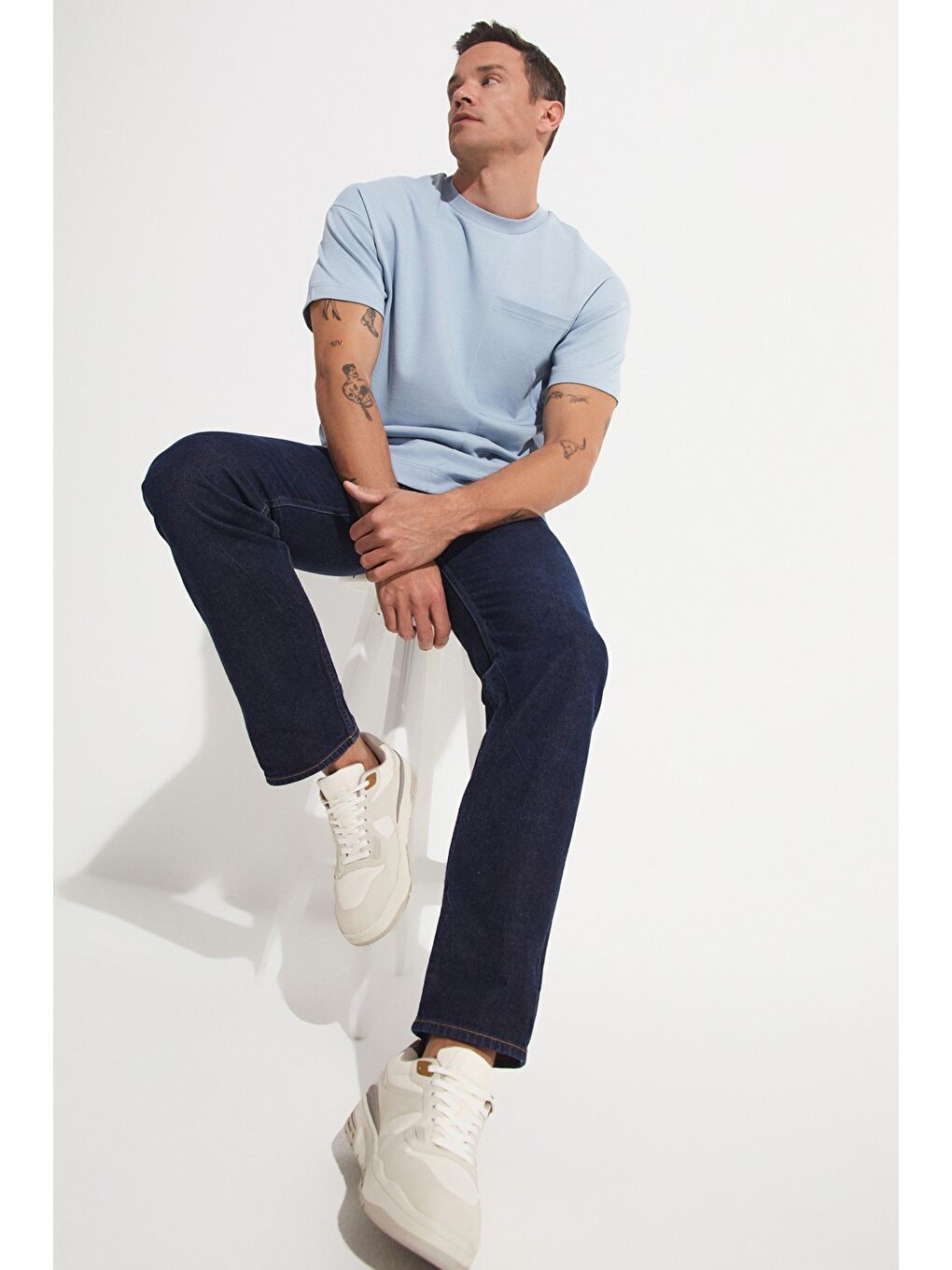 Mavi Oversize Cepli Bisiklet Yakalı Erkek Tişört-2