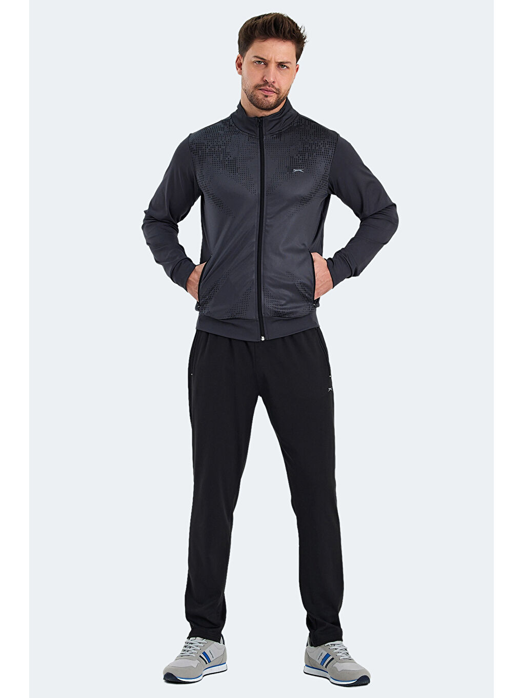 RECOGNIZE Erkek Fermuarlı Dik Yaka Cepli Koyu Gri Eşofman Takımı-2