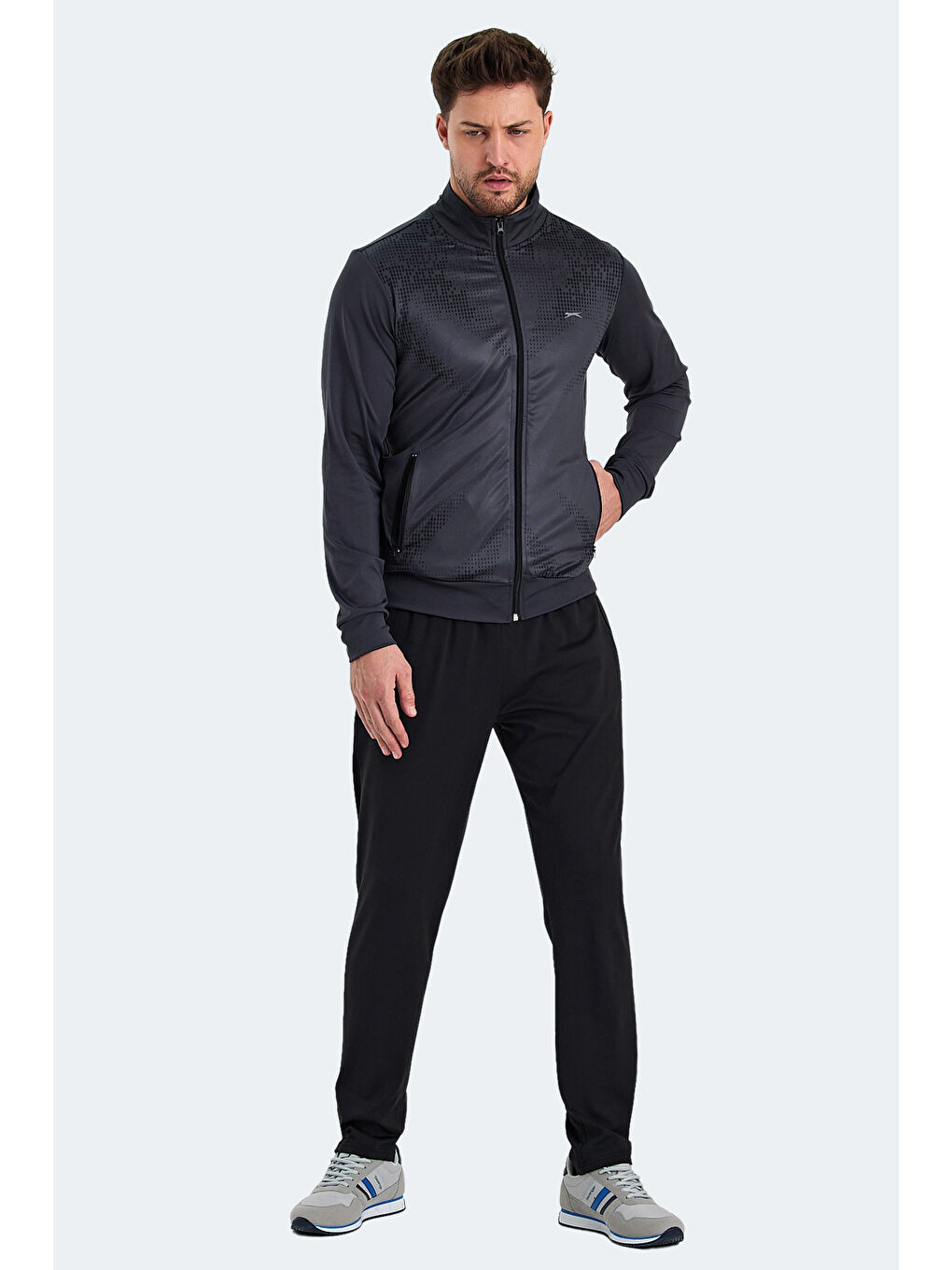 RECOGNIZE Erkek Fermuarlı Dik Yaka Cepli Koyu Gri Eşofman Takımı-4