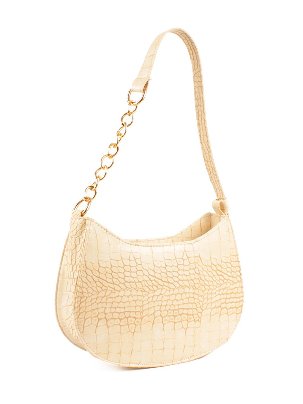 Ekru Kadın Deri Görünümlü Yarı Zincir Askılı Omuz ve Baget Çanta (10774)