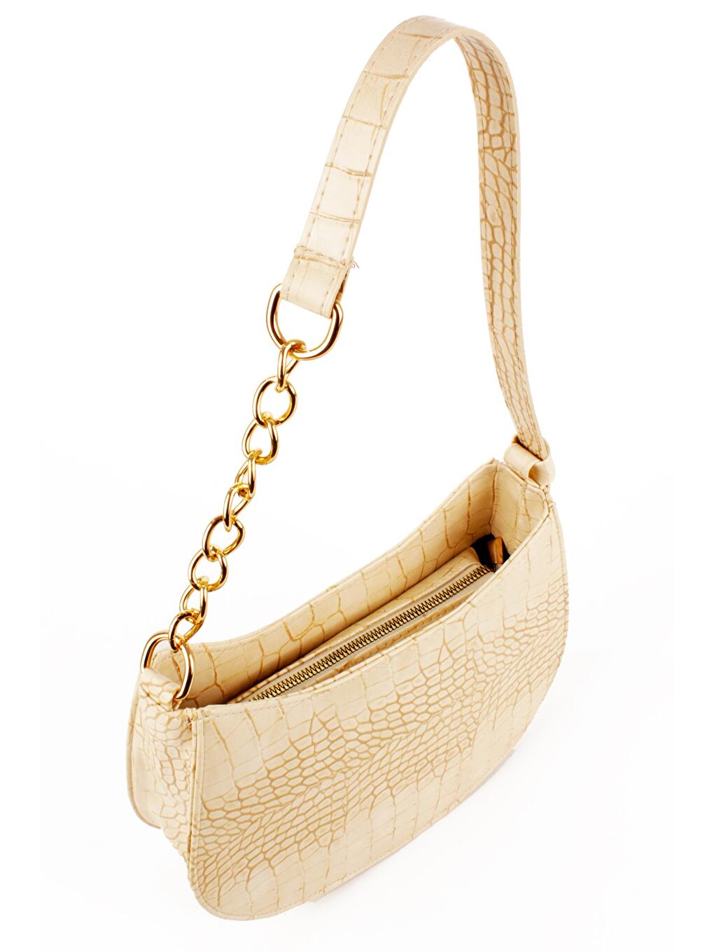 Ekru Kadın Deri Görünümlü Yarı Zincir Askılı Omuz ve Baget Çanta (10774)-1