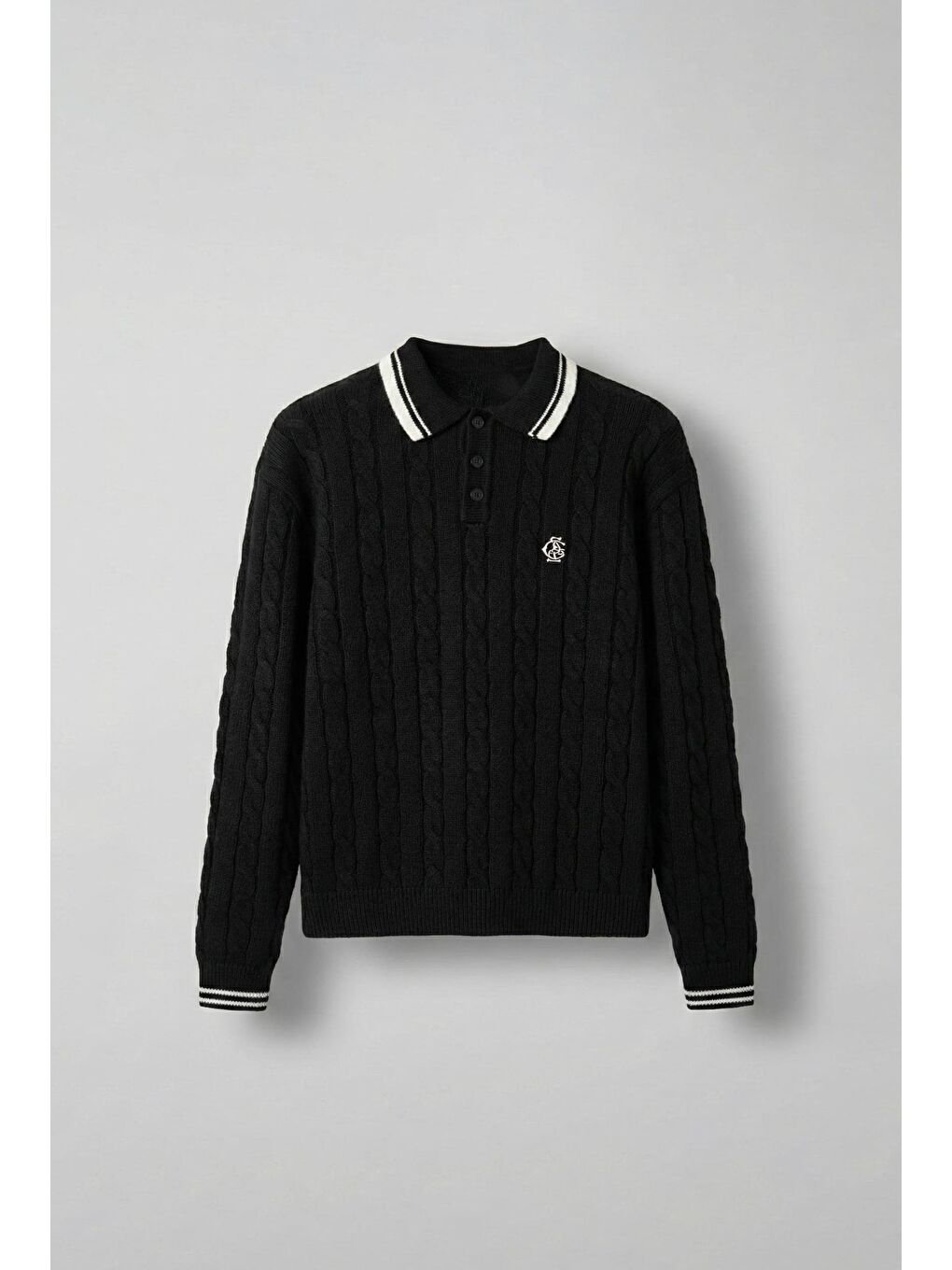 Erkek Oversize Polo Yaka Örgü Desenli Triko Kazak Siyah