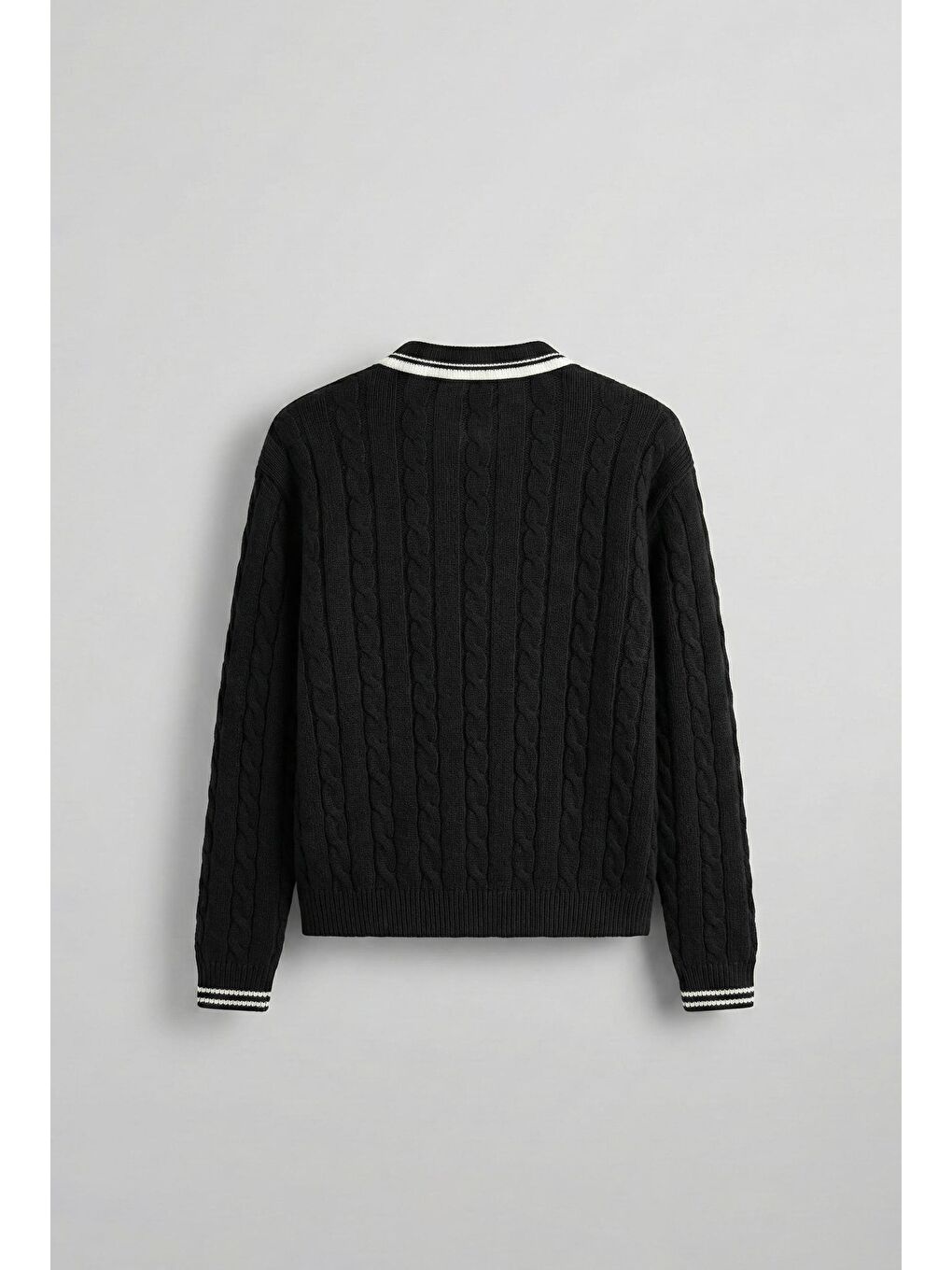 Erkek Oversize Polo Yaka Örgü Desenli Triko Kazak Siyah-1