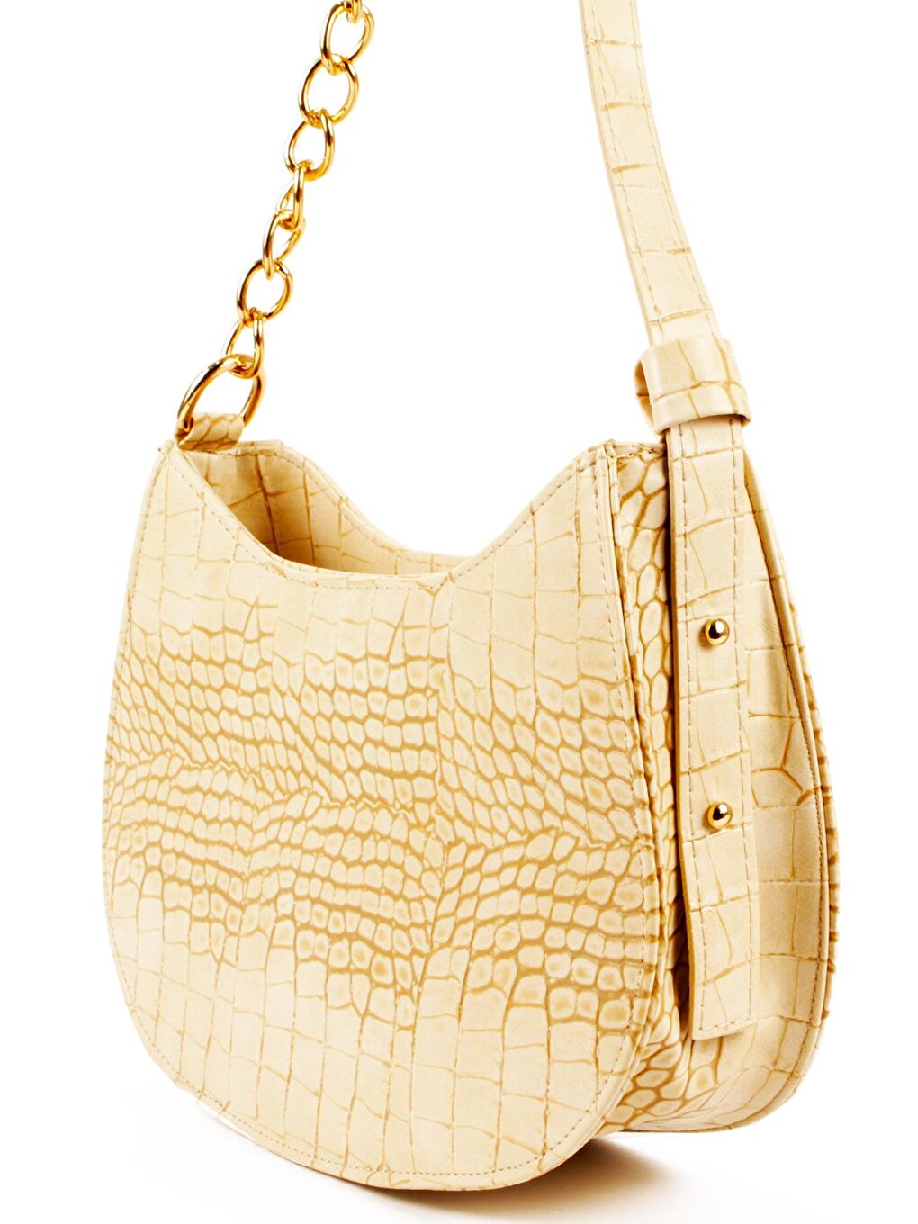 Ekru Kadın Deri Görünümlü Yarı Zincir Askılı Omuz ve Baget Çanta (10774)-3