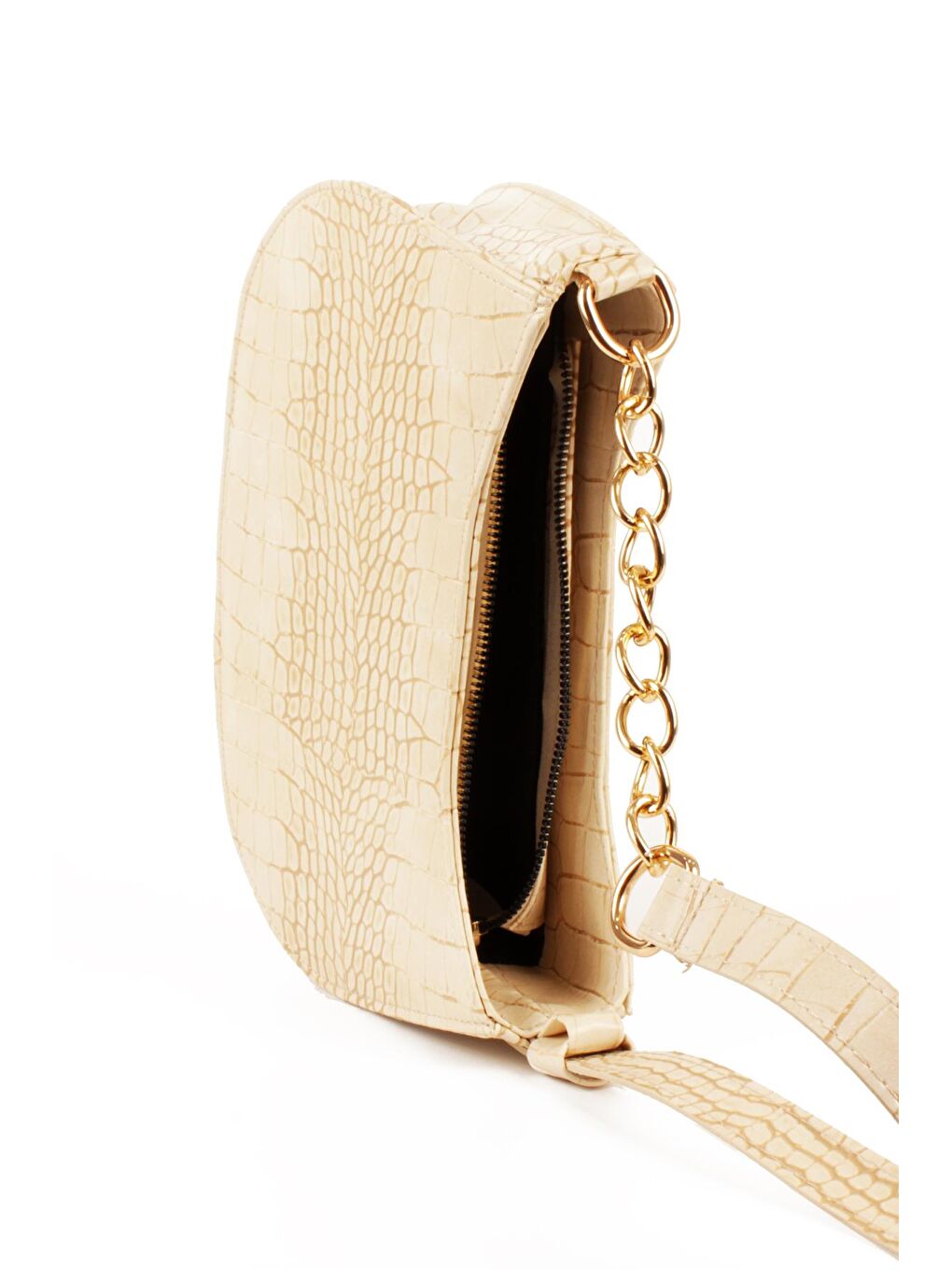 Ekru Kadın Deri Görünümlü Yarı Zincir Askılı Omuz ve Baget Çanta (10774)-4