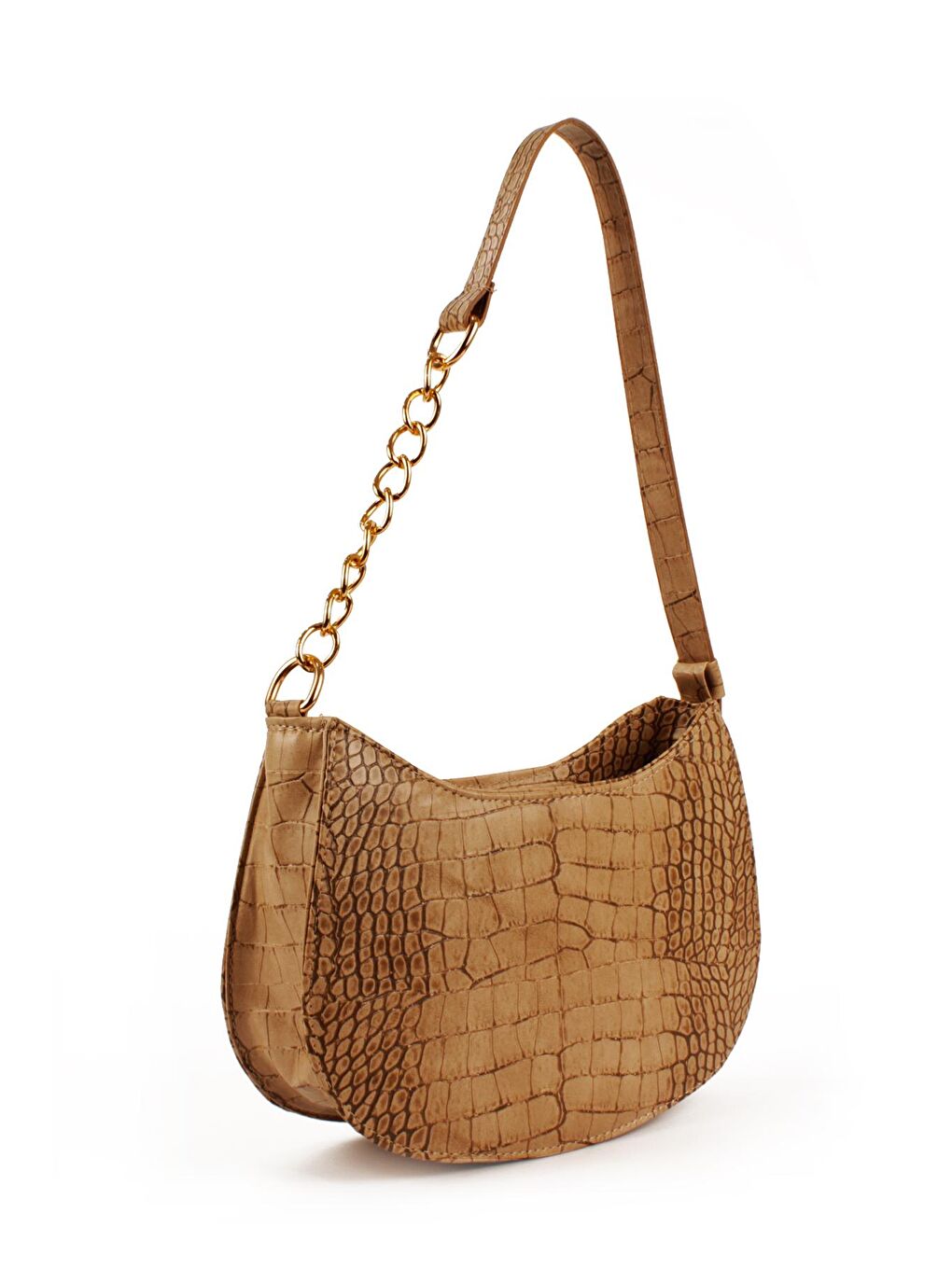 Bej Kadın Deri Görünümlü Yarı Zincir Askılı Omuz ve Baget Çanta (10774)