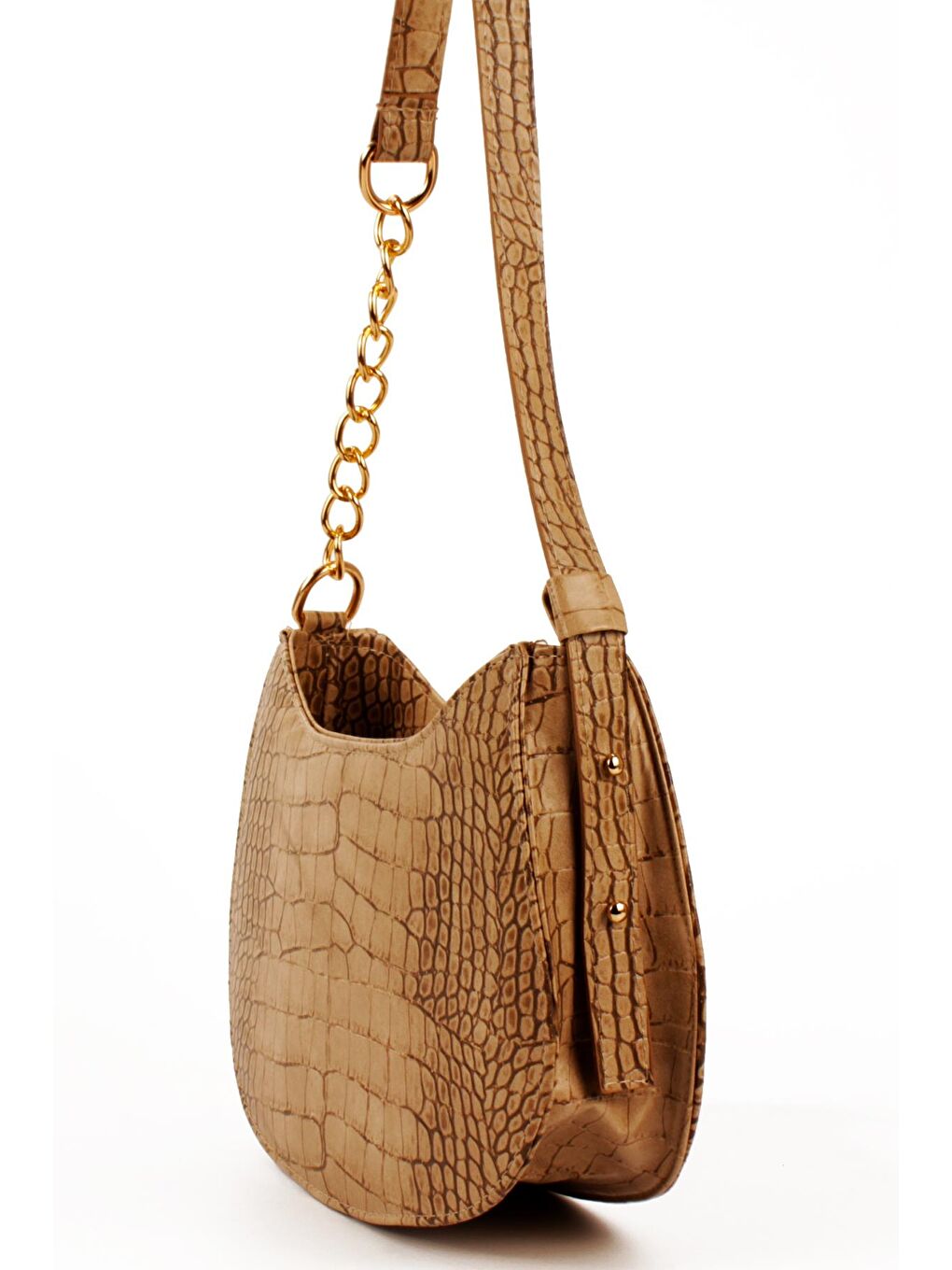 Bej Kadın Deri Görünümlü Yarı Zincir Askılı Omuz ve Baget Çanta (10774)-1