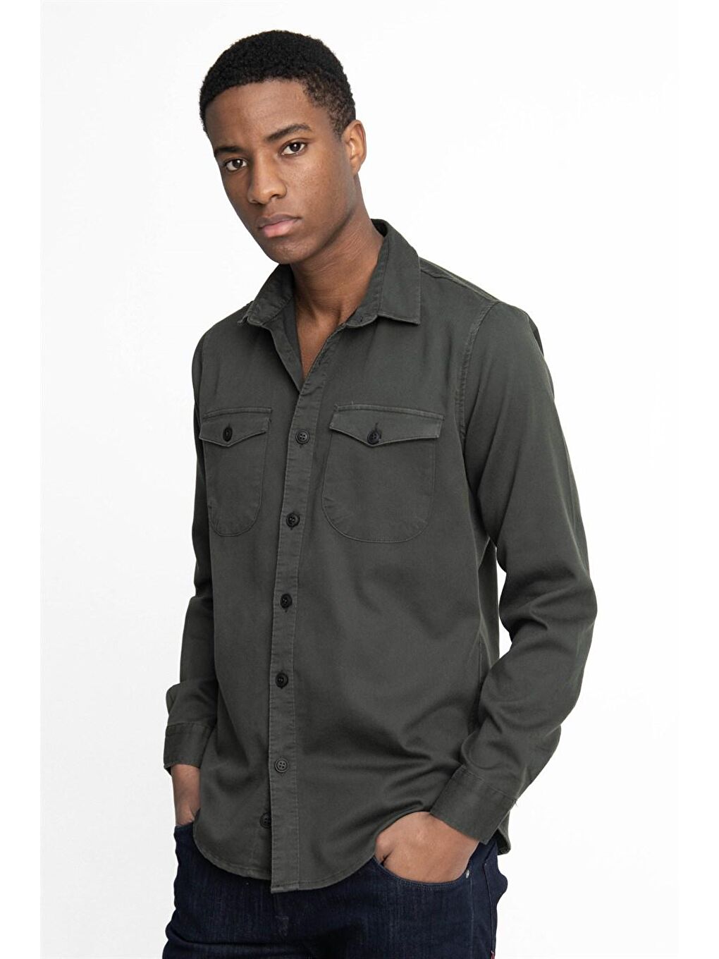 Haki Tudors Slim Fit Düz Cepli Gabardin Erkek Gri Gömlek