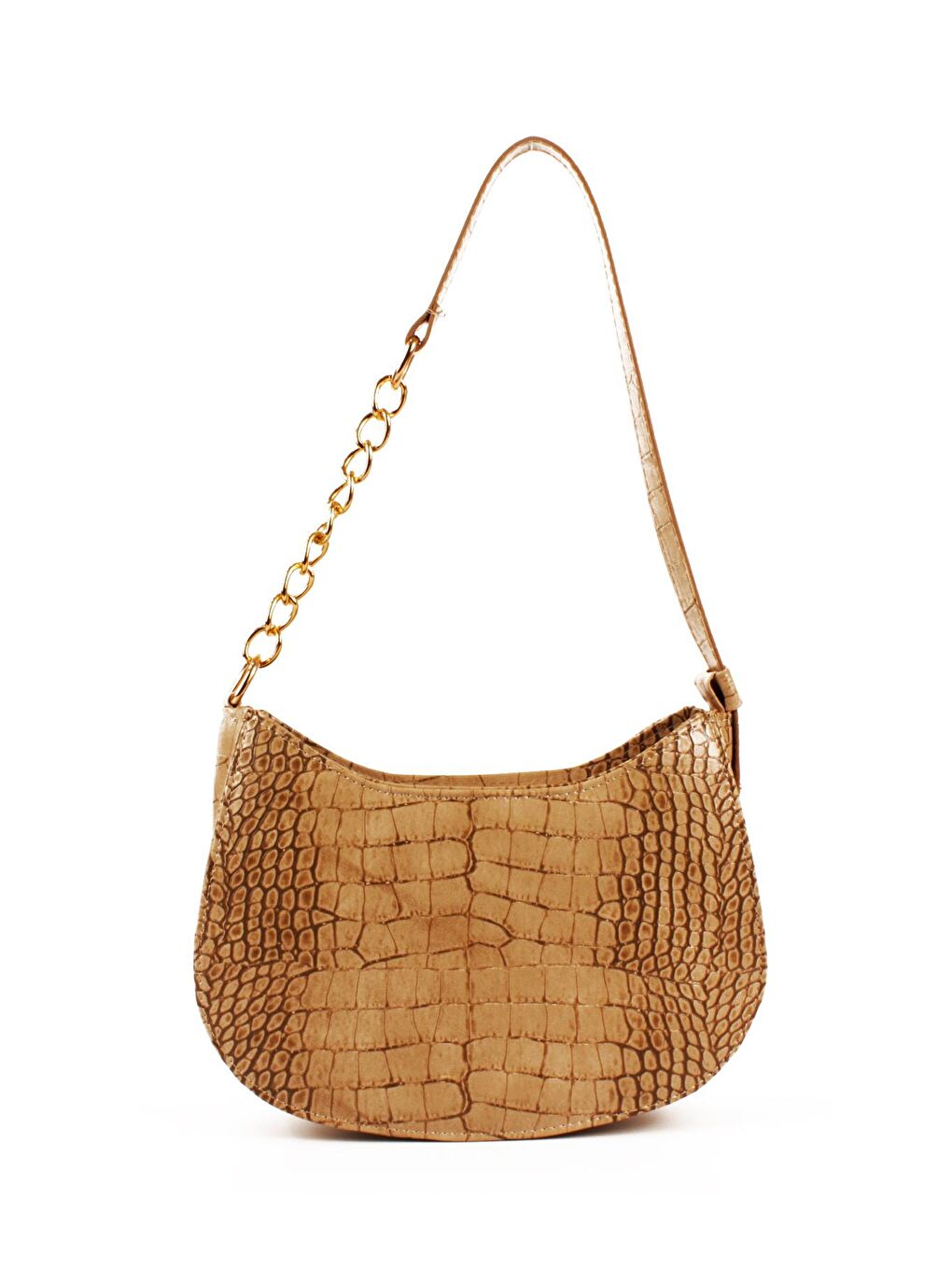 Bej Kadın Deri Görünümlü Yarı Zincir Askılı Omuz ve Baget Çanta (10774)-3