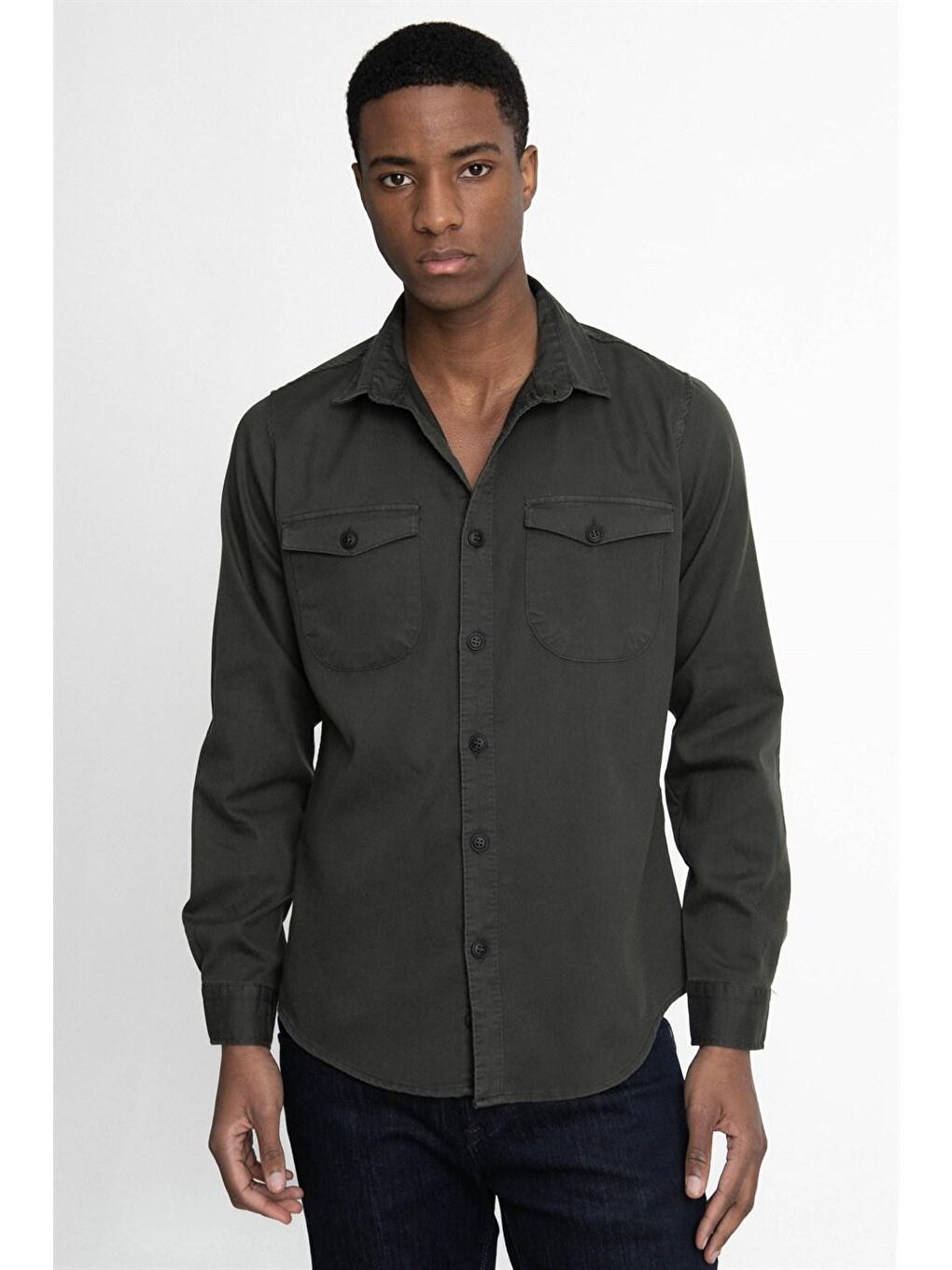 Haki Tudors Slim Fit Düz Cepli Gabardin Erkek Gri Gömlek-1