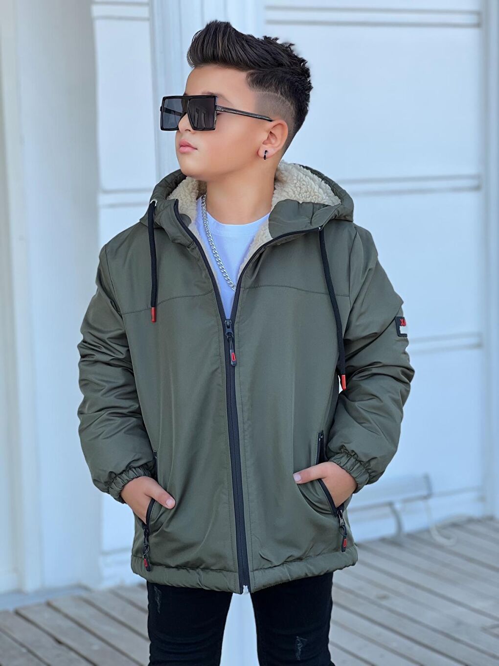 Haki Erkek Çocuk Kapüşonlu İçi Kürklü Mont KM3050