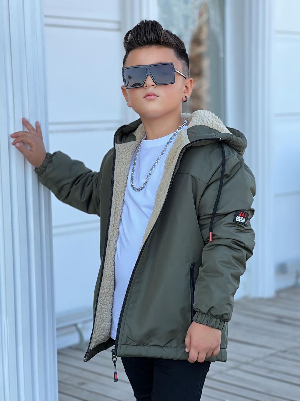 Haki Erkek Çocuk Kapüşonlu İçi Kürklü Mont KM3050-2