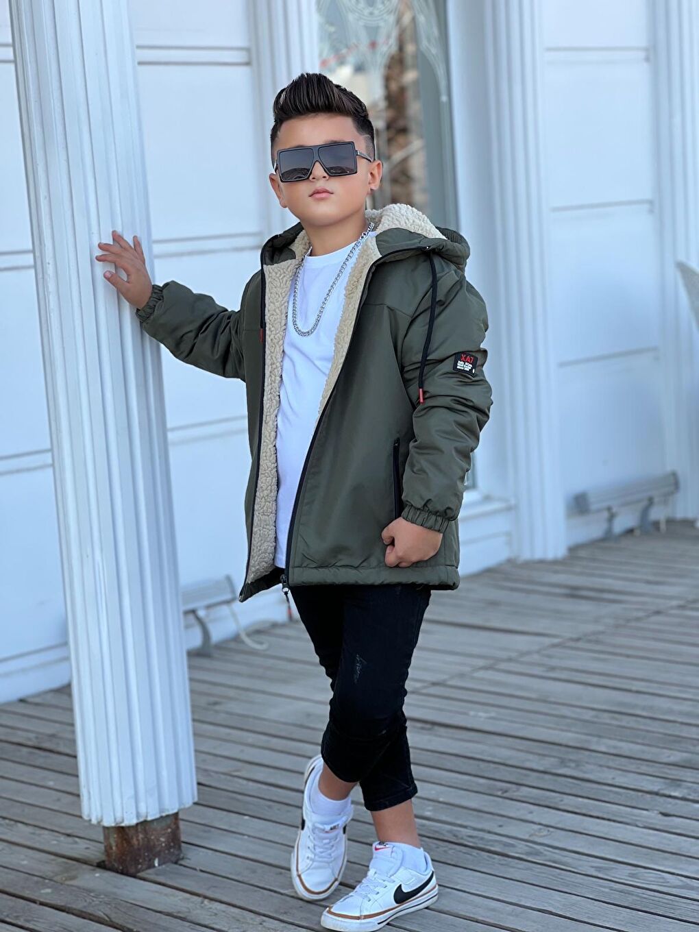 Haki Erkek Çocuk Kapüşonlu İçi Kürklü Mont KM3050-3