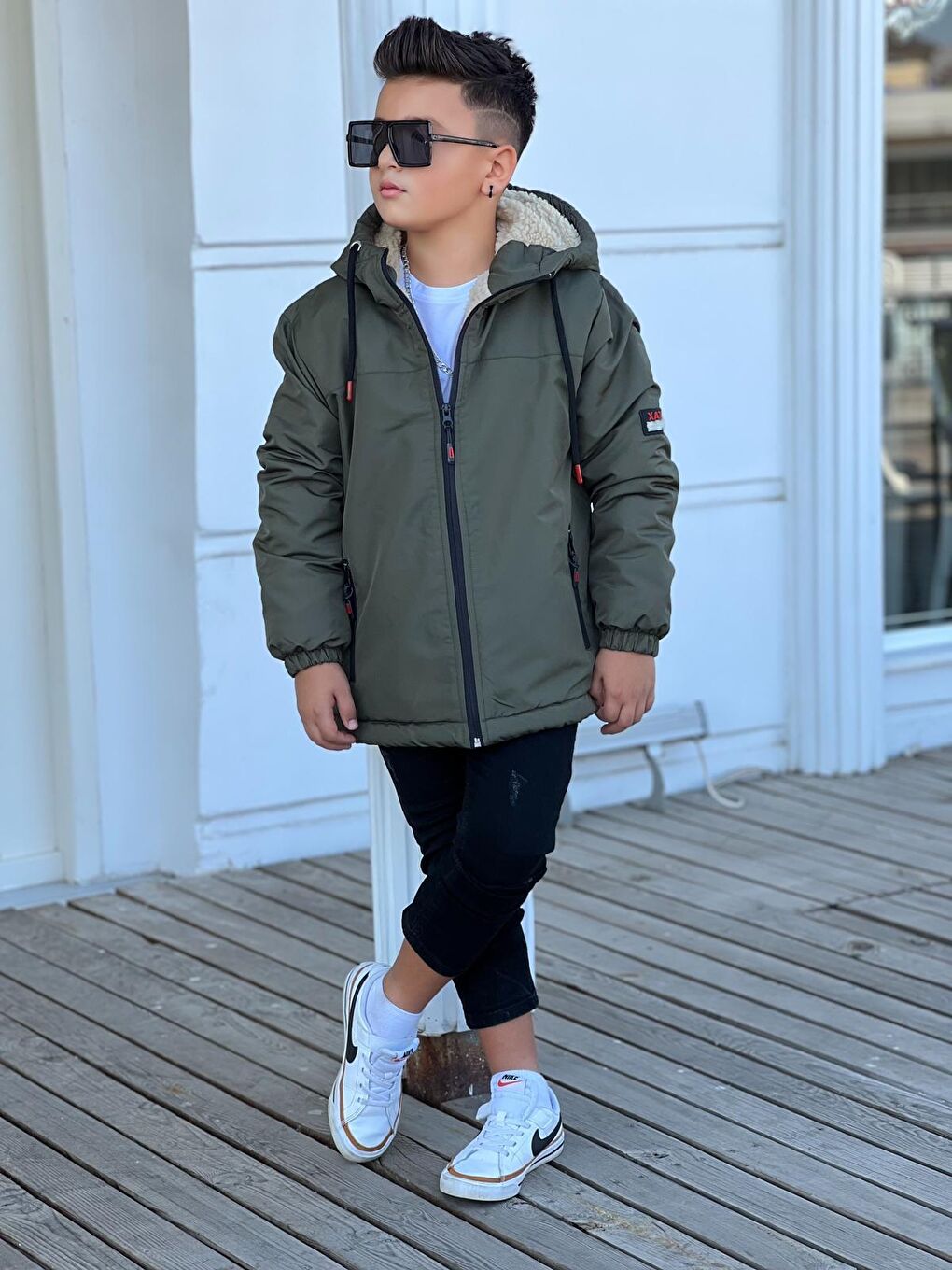 Haki Erkek Çocuk Kapüşonlu İçi Kürklü Mont KM3050-4