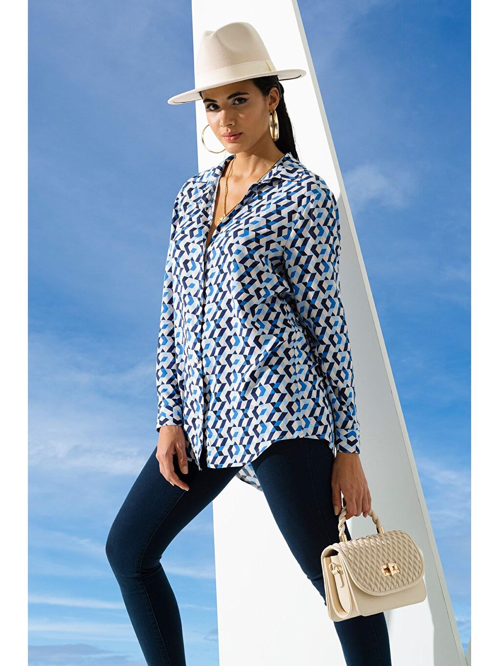 Geometrik Mavi Desen Viskon Gömlek-2