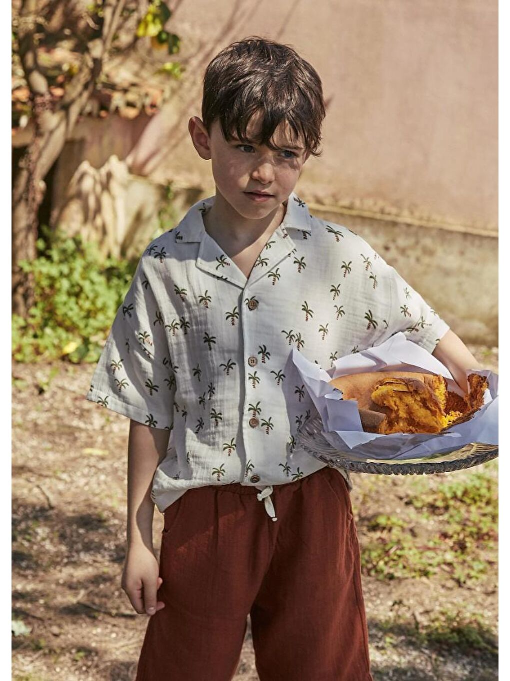 Palmiye Desenli Gömlek Takım 2-10 Yaş Ekru