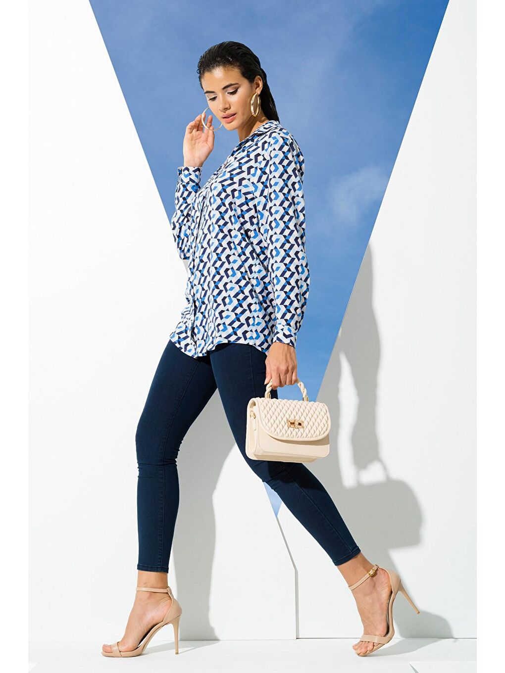 Geometrik Mavi Desen Viskon Gömlek-3