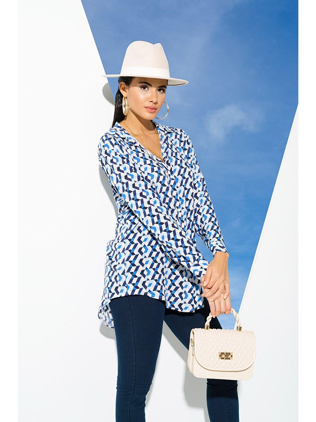 Geometrik Mavi Desen Viskon Gömlek-4