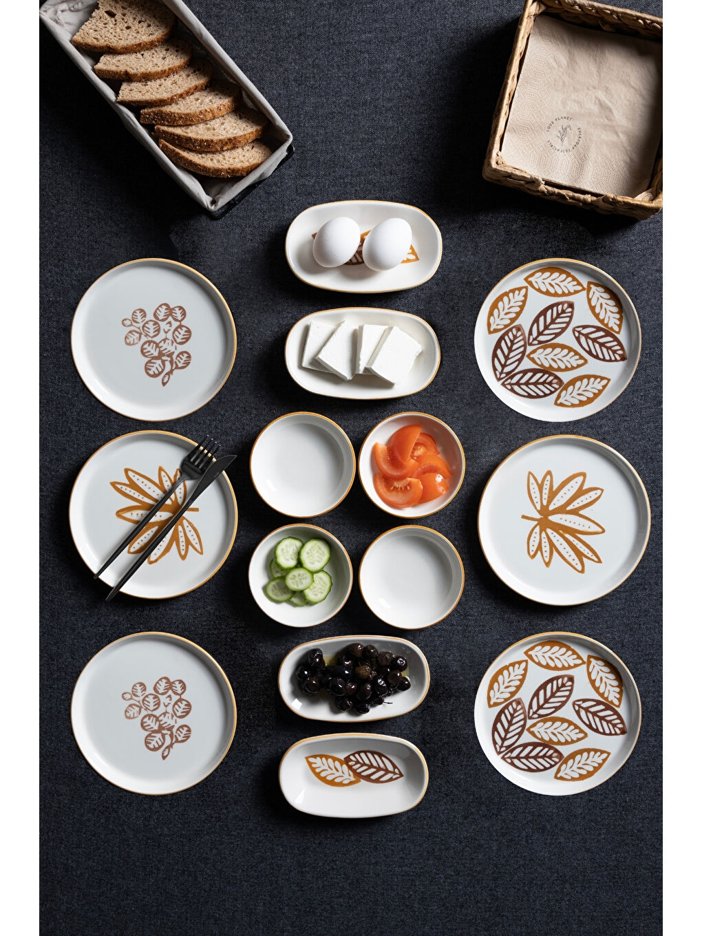 Karışık 14 Parça 6 Kişilik Handmade Kahve Yaprak Kahvaltı Takımı - Lüx Kahvaltılık Sunum Seti-1