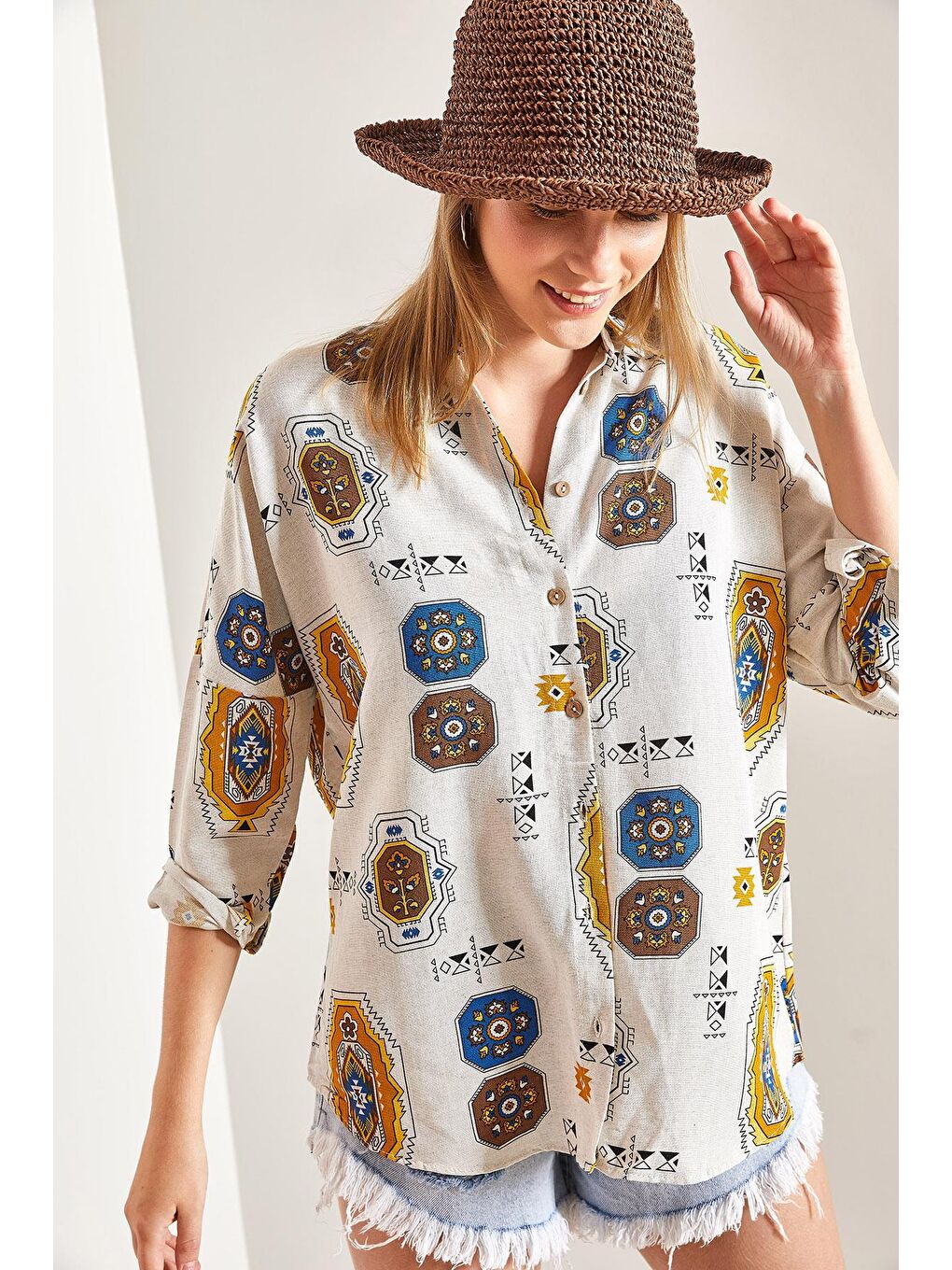 Kol Katlamalı Desenli Keten Gömlek - Sarı