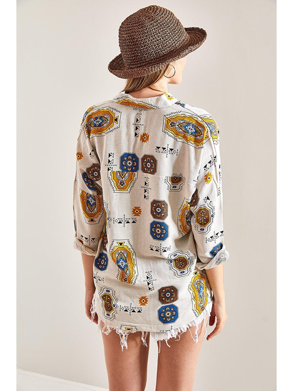 Kol Katlamalı Desenli Keten Gömlek - Sarı-1