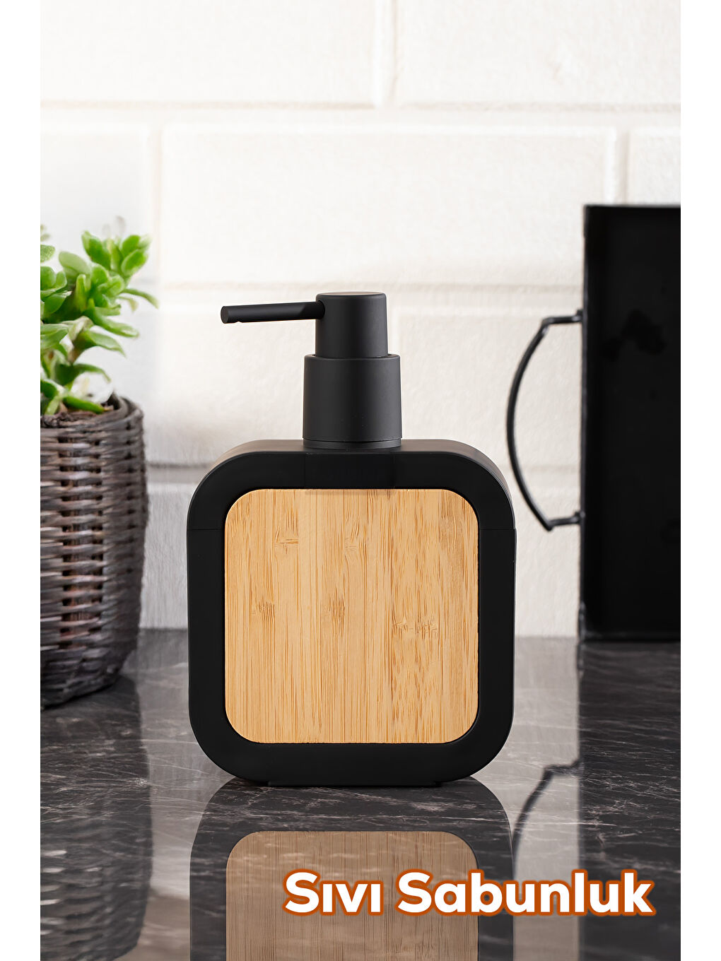 3147 Banyo ve Mutfak Sıvı Sabunluk 400ML Siyah-Ahşap