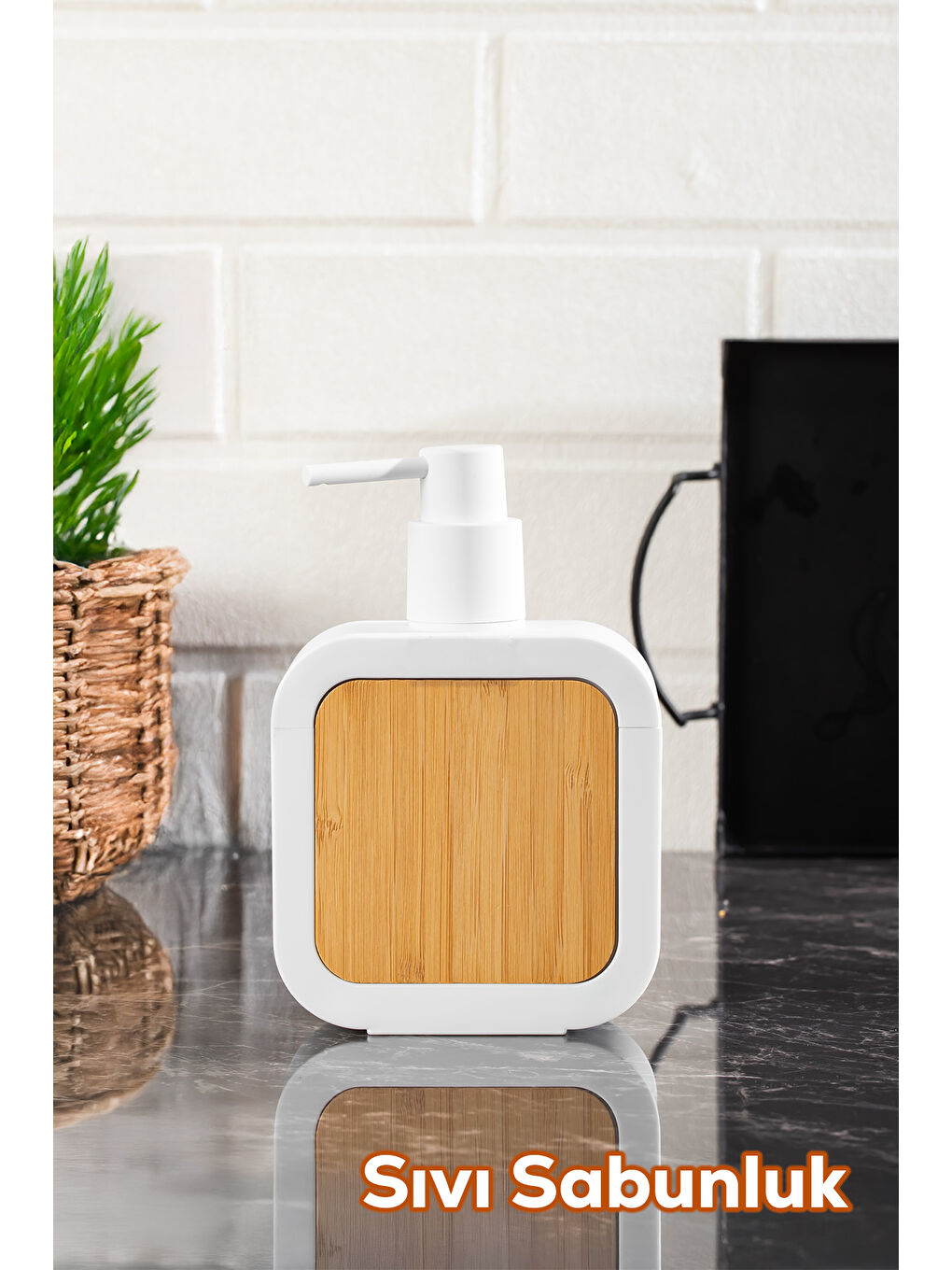 3148 Banyo ve Mutfak Sıvı Sabunluk 400ML Beyaz-Ahşap