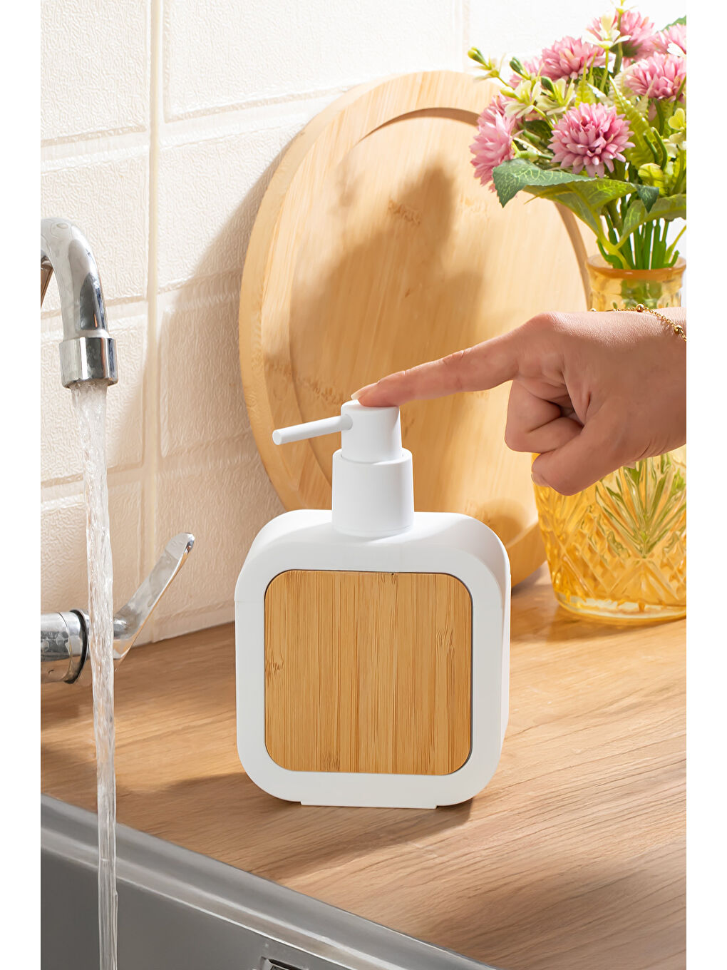 3148 Banyo ve Mutfak Sıvı Sabunluk 400ML Beyaz-Ahşap-1