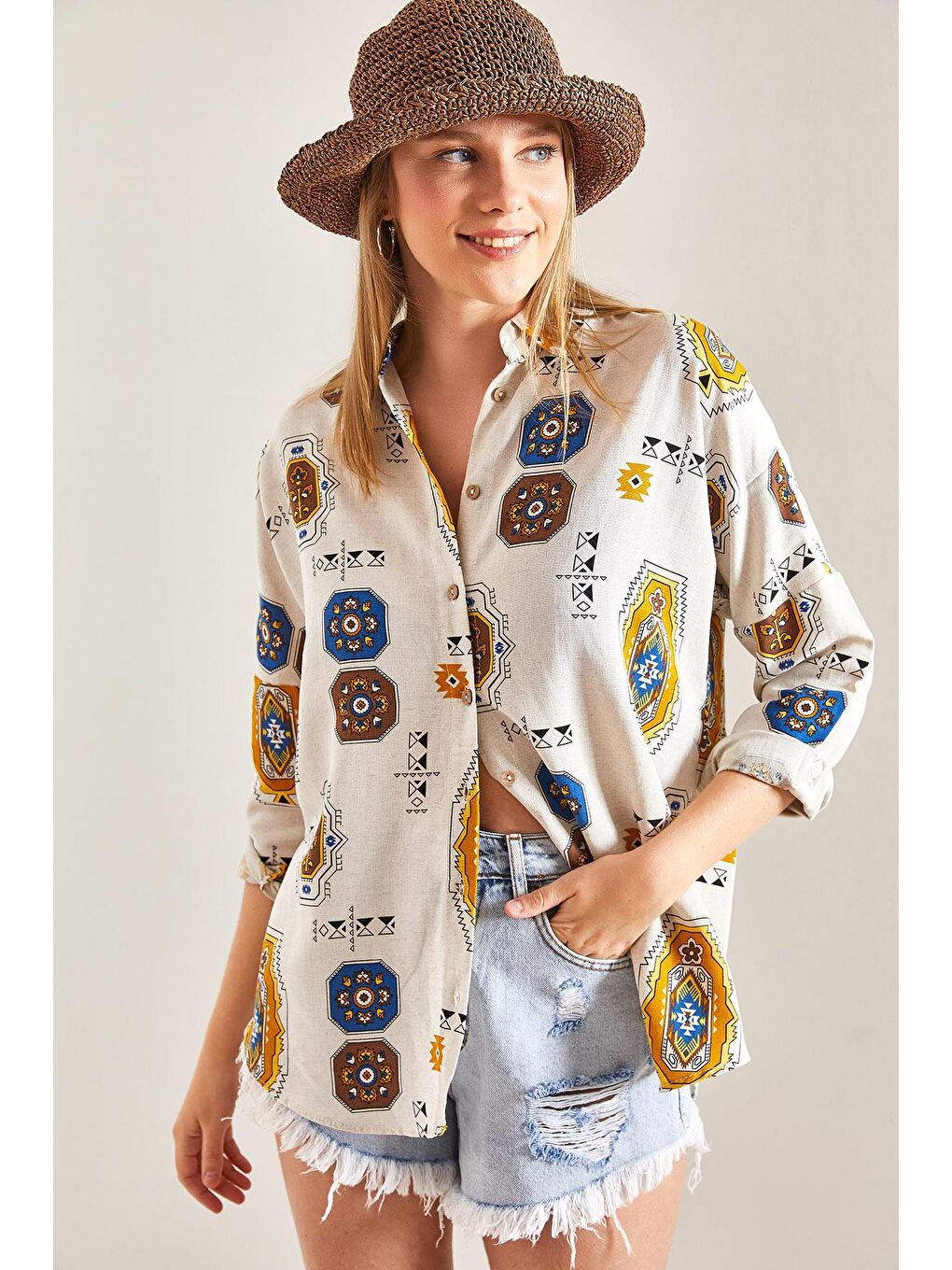 Kol Katlamalı Desenli Keten Gömlek - Sarı-2