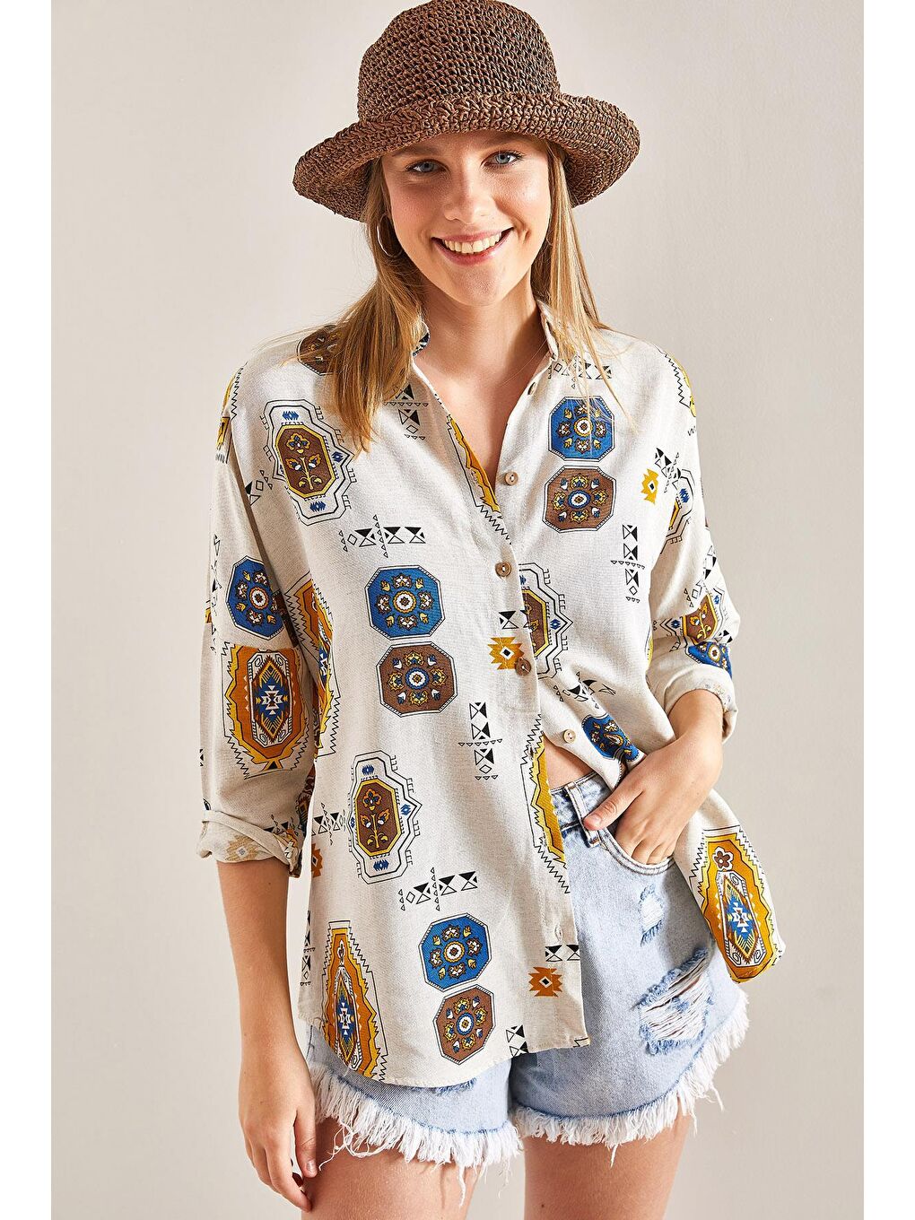 Kol Katlamalı Desenli Keten Gömlek - Sarı-3