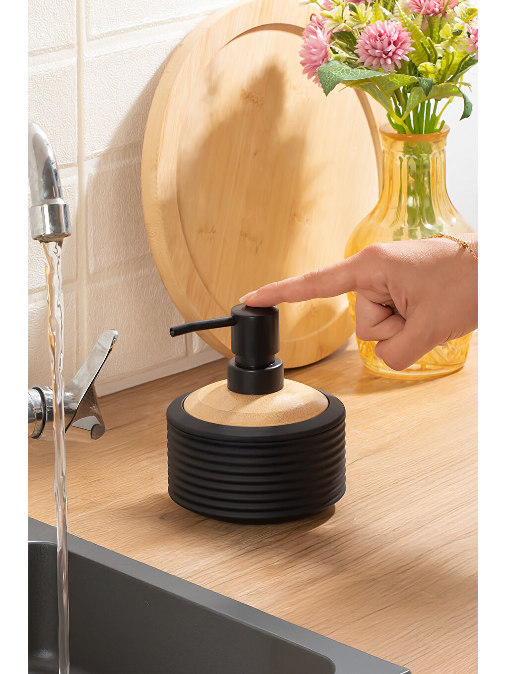 3152 Banyo ve Mutfak Sıvı Sabunluk 350ML Siyah-Ahşap-1