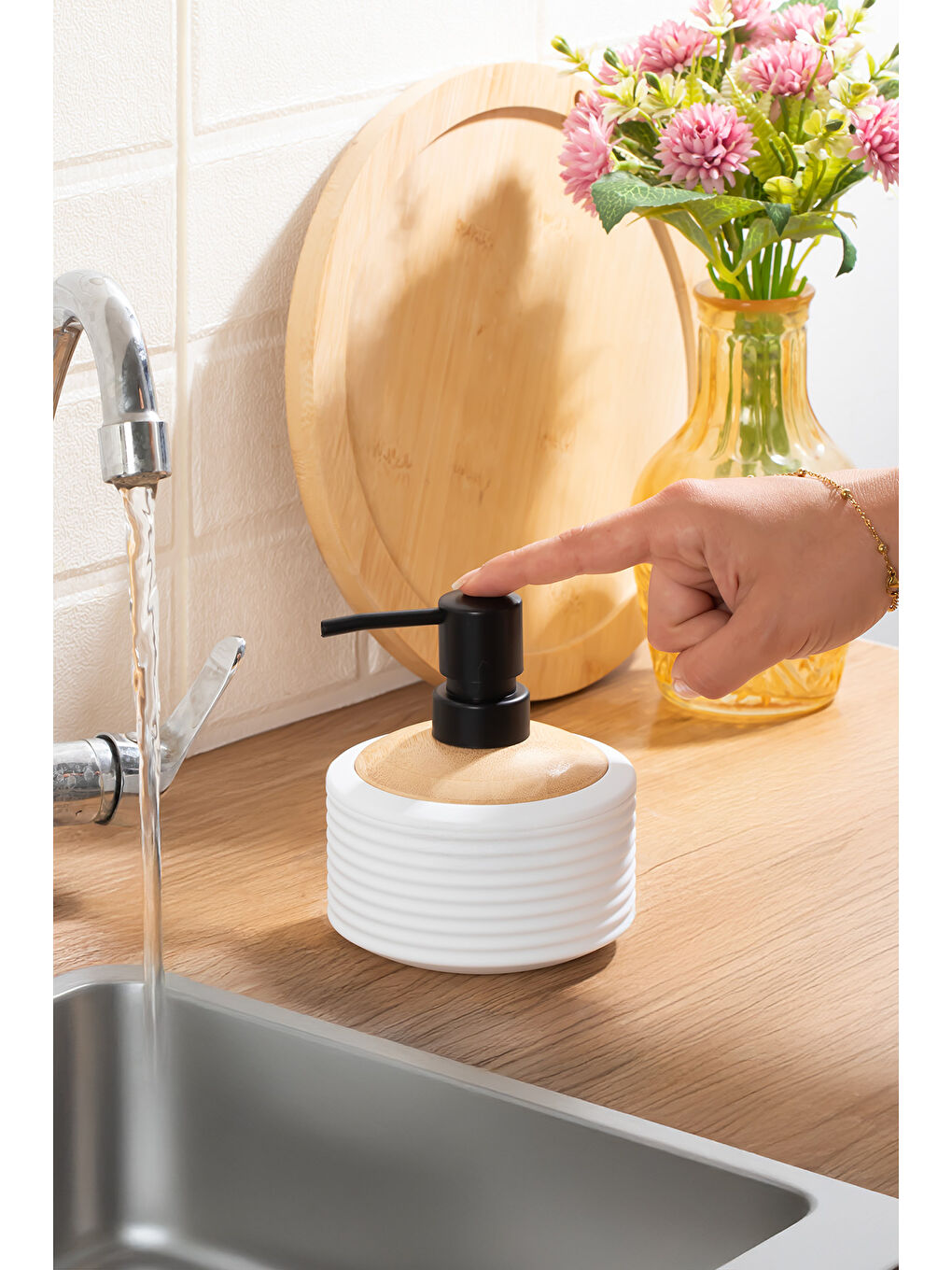 3125 Banyo ve Mutfak Sıvı Sabunluk 350ML Beyaz-Ahşap-1
