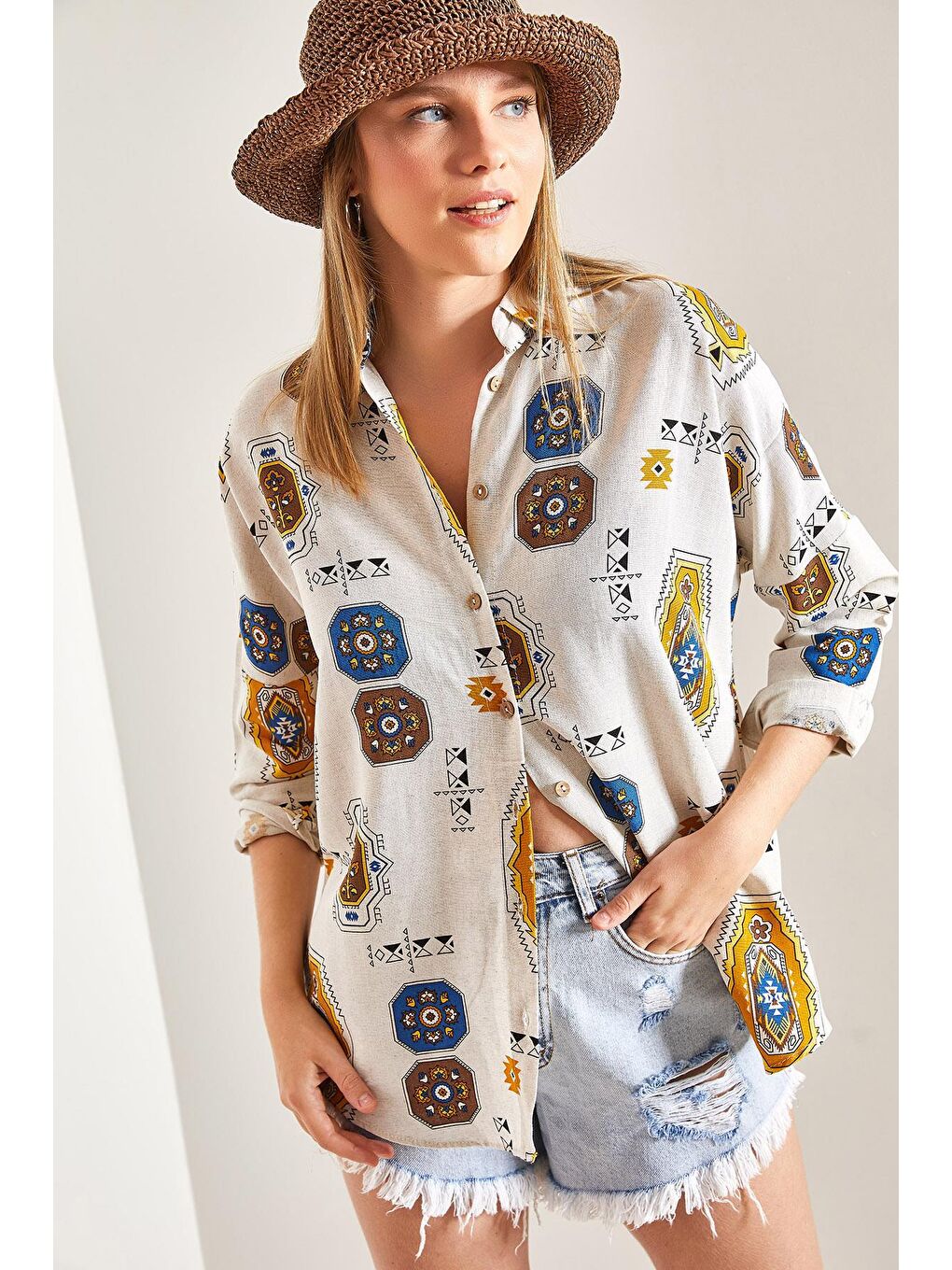 Kol Katlamalı Desenli Keten Gömlek - Sarı-4