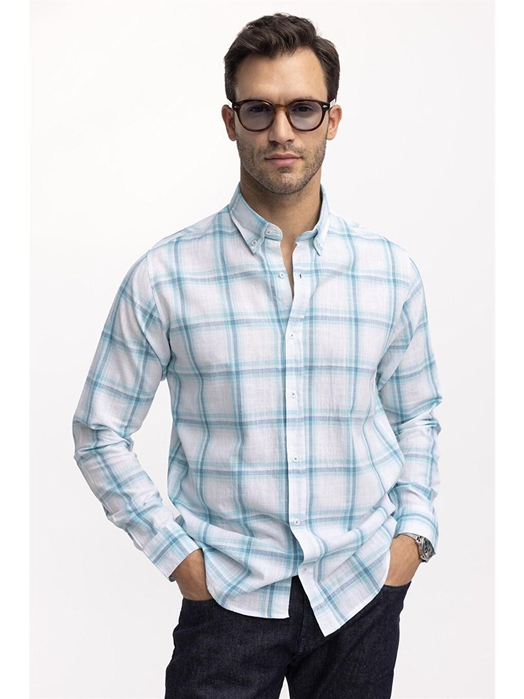 Tudors Klasik Fit Uzun Kol Ketenli Ekose Erkek Turkuaz Gömlek